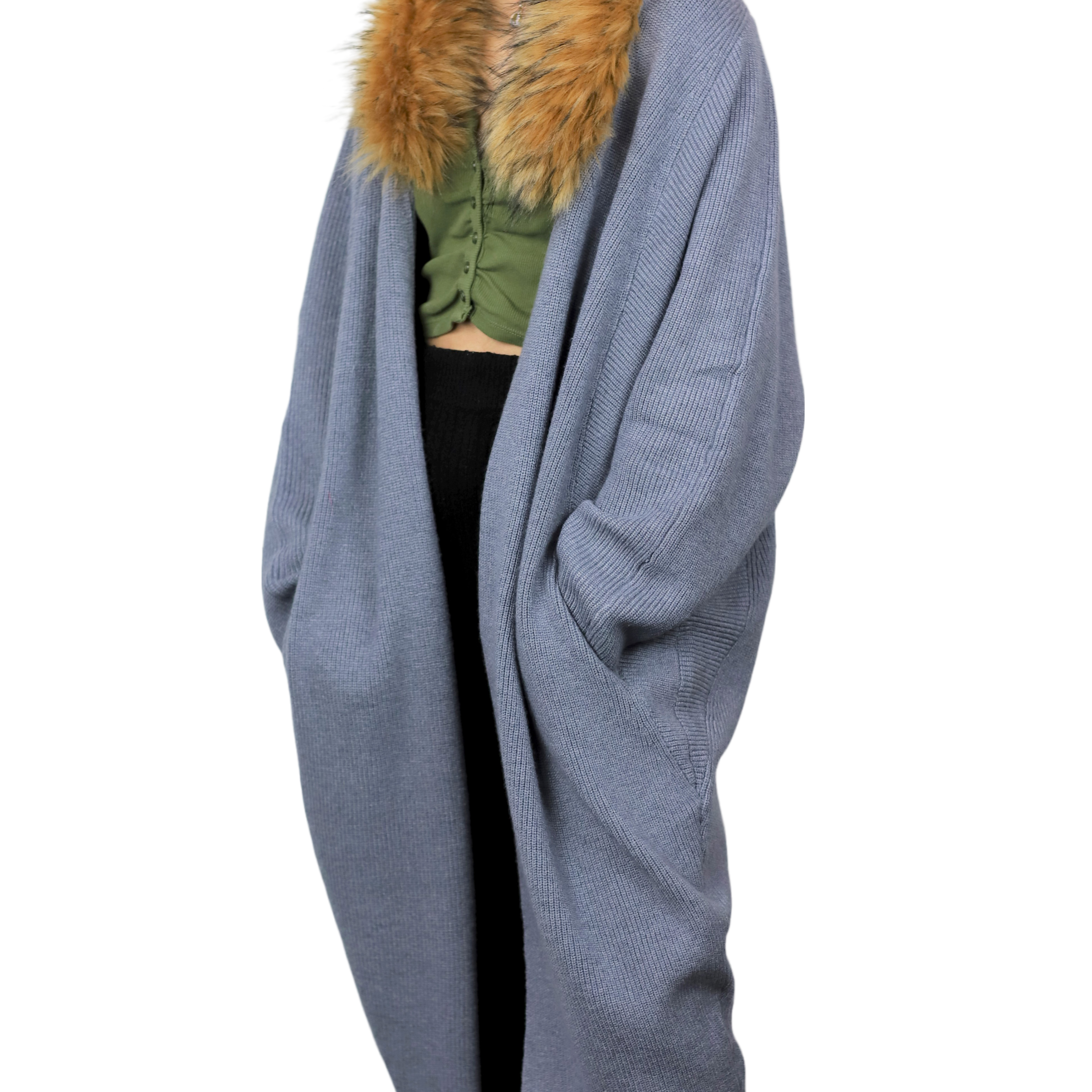 Oversized Cardigan with Faux Trim Collar - Grey - Faux Fur Ruana - La Fiorentina 410382S