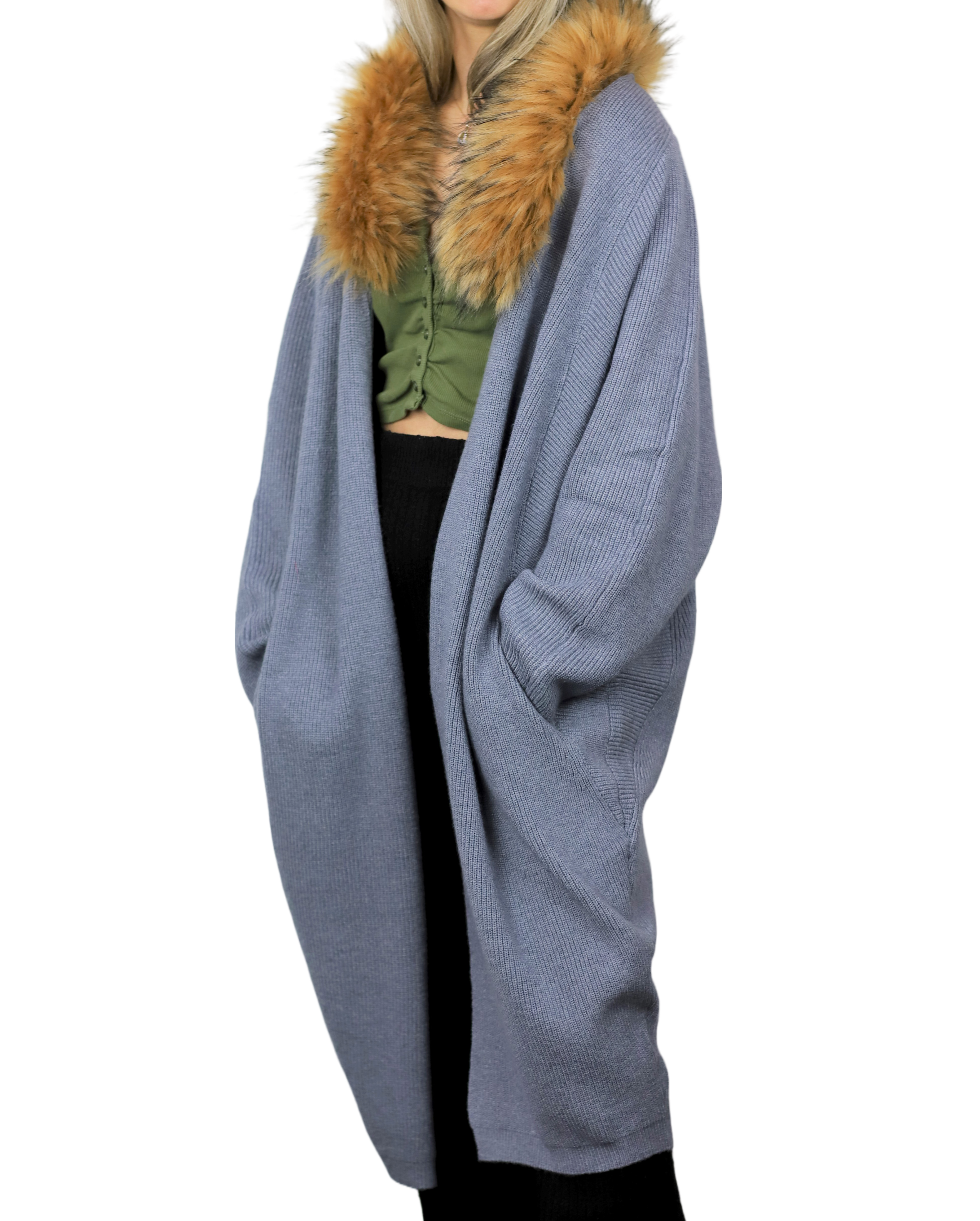 Oversized Cardigan with Faux Trim Collar - Grey - Faux Fur Ruana - La Fiorentina 410382S