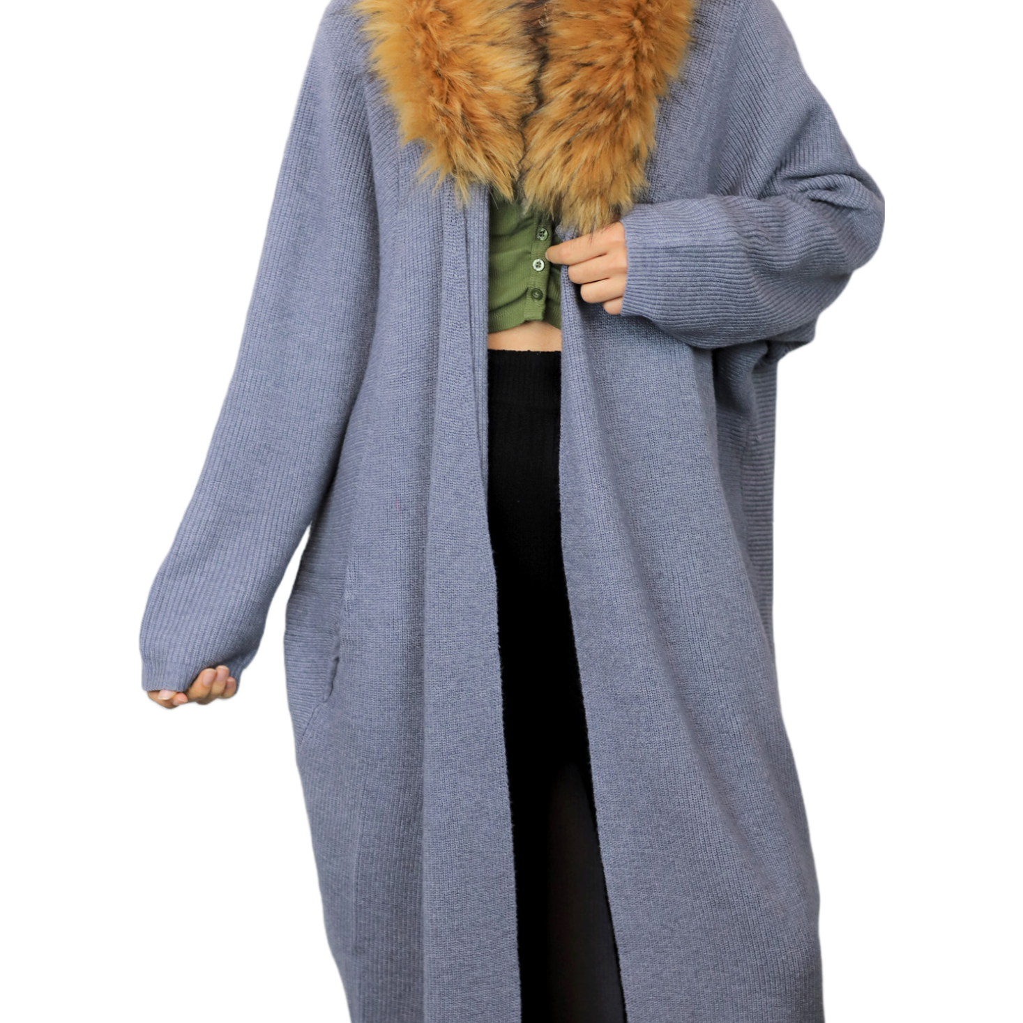 Oversized Cardigan with Faux Trim Collar - Grey - Faux Fur Ruana - La Fiorentina 410382S