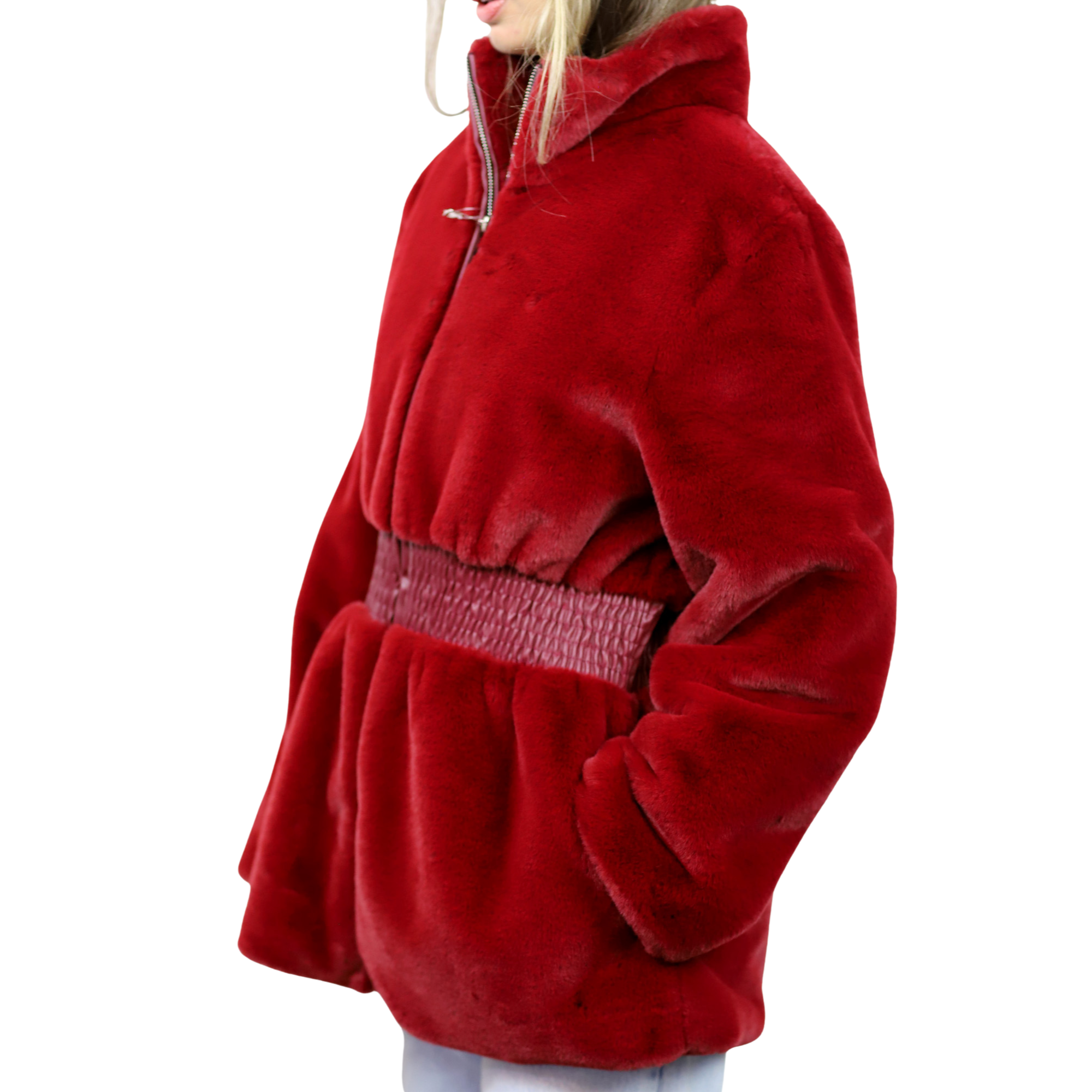 Plush Faux Fur Cinched Waist Jacket - Wine - Outerwear - La Fiorentina CAM22119-WINE-M