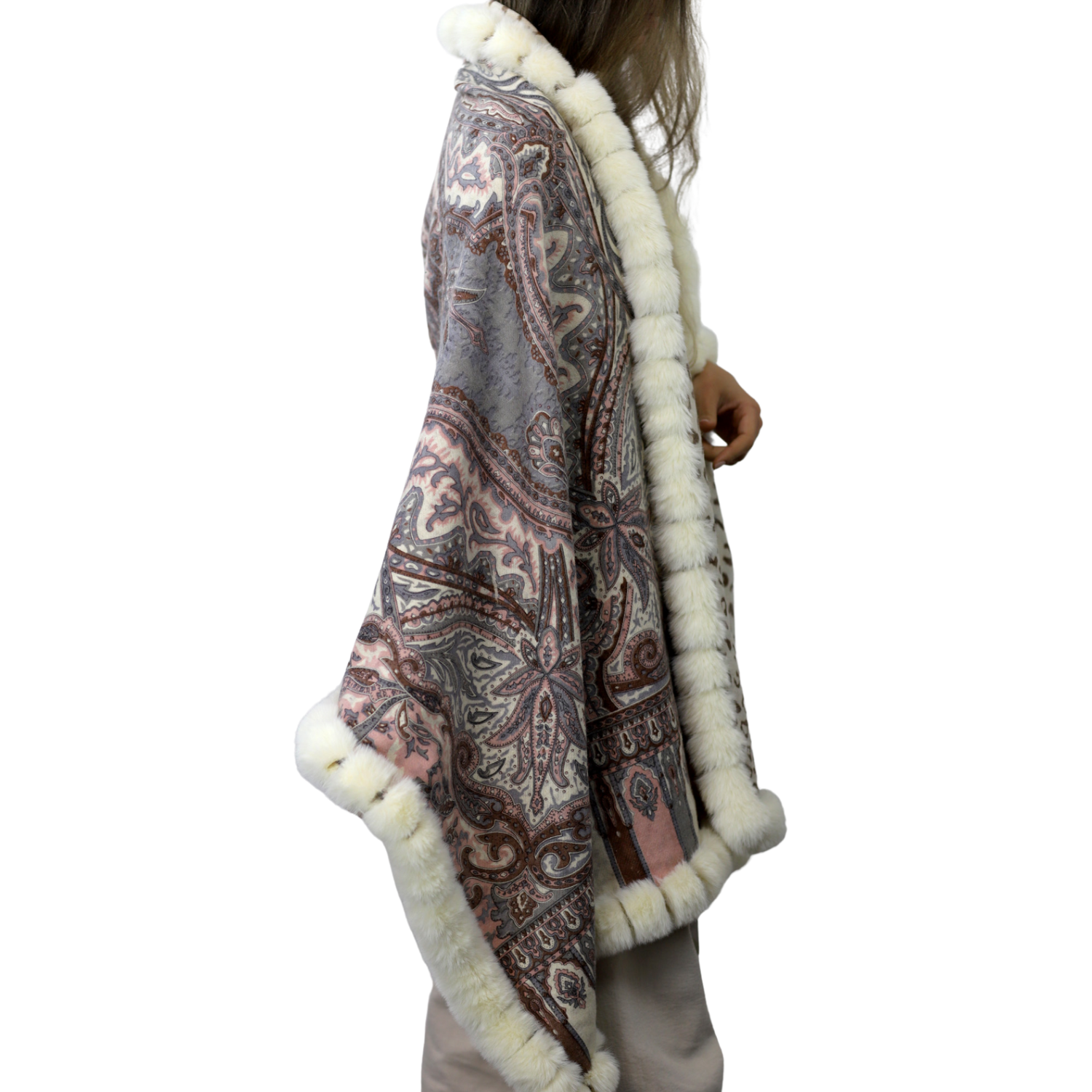 faux fur trimmed wraps shawls