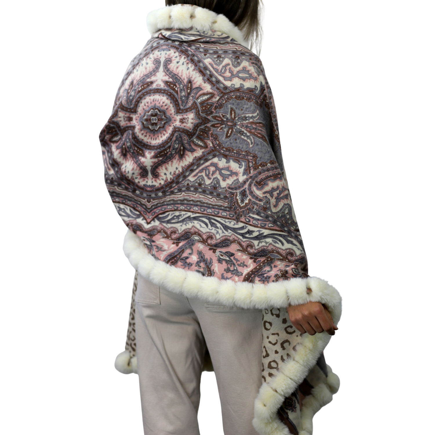 Wrap with Faux Trim - Paisley/Leopard Print - Faux Fur Wrap - La Fiorentina FAUX2132