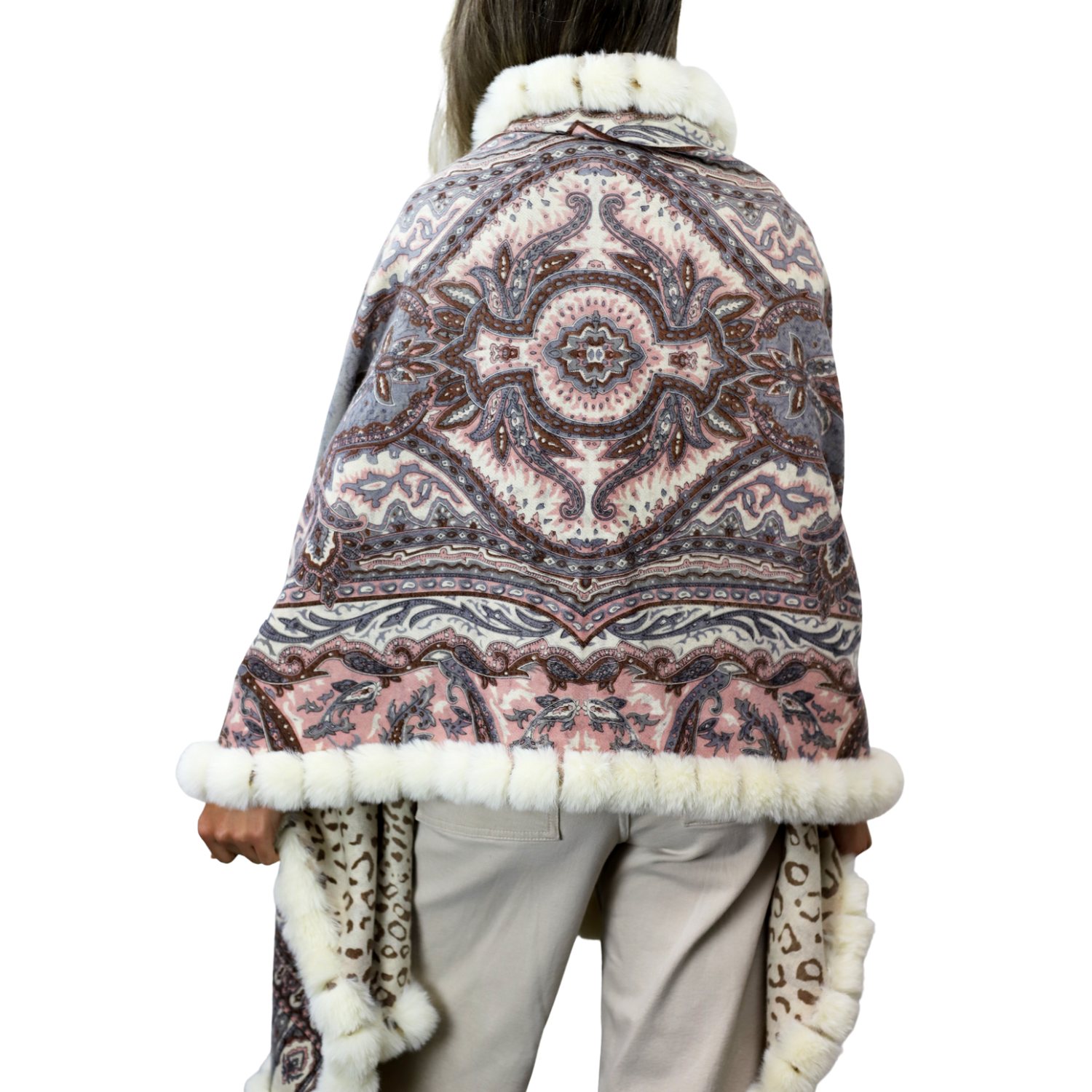 Wrap with Faux Trim - Paisley/Leopard Print - Faux Fur Wrap - La Fiorentina FAUX2132