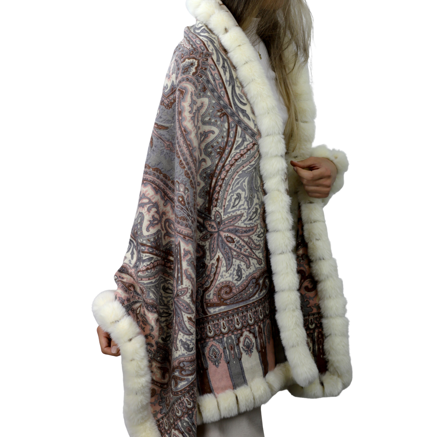Wrap with Faux Trim - Paisley/Leopard Print - Faux Fur Wrap - La Fiorentina FAUX2132