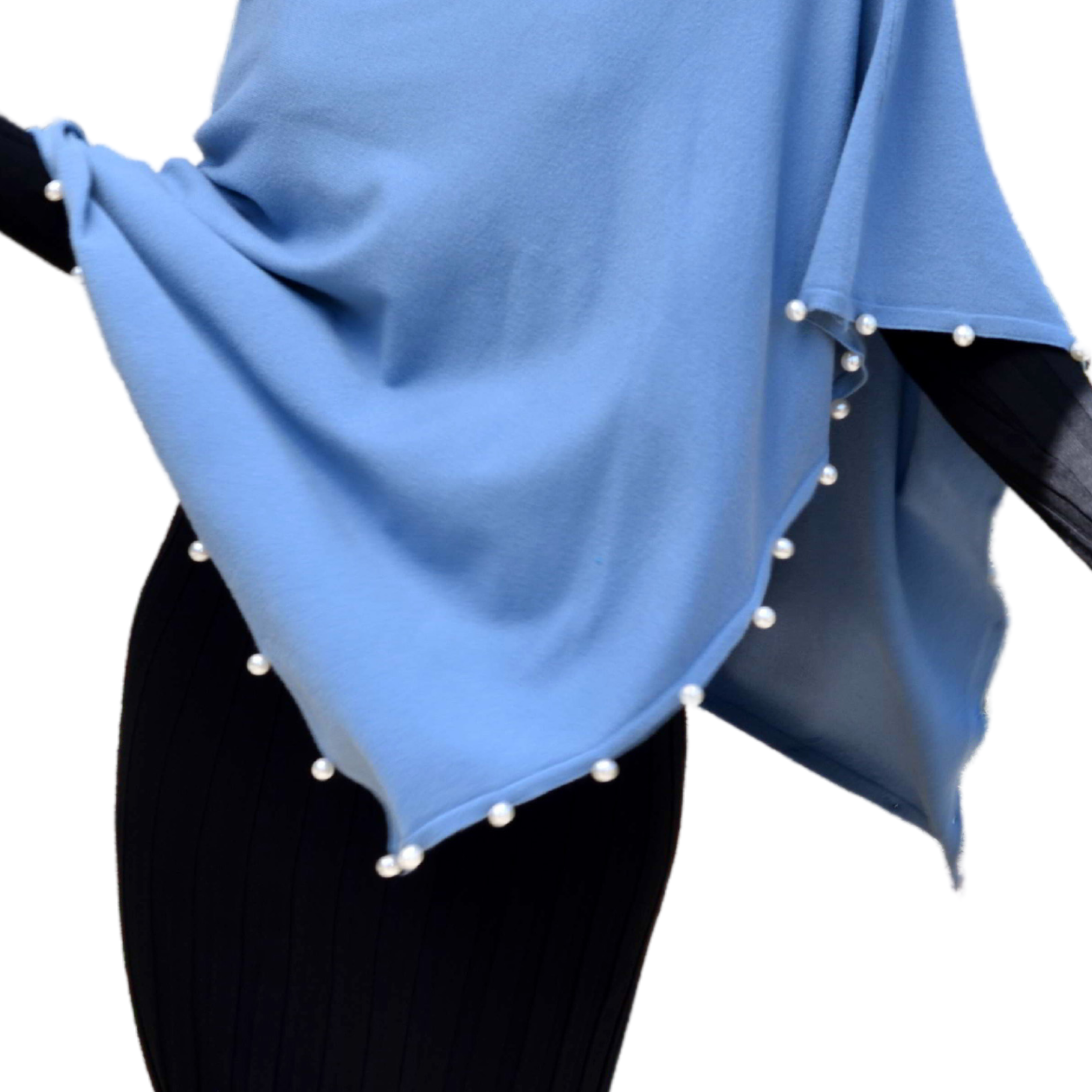 Lightweight Knitted Poncho with Pearl Trim Border - Poncho - La Fiorentina,Blue BE234_PURPLE