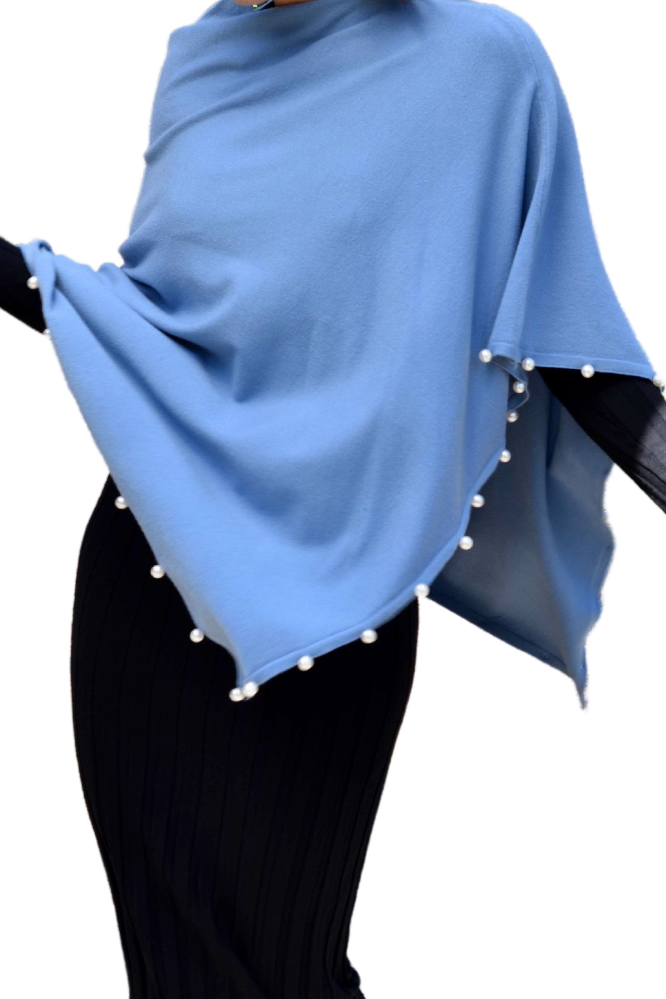 Lightweight Knitted Poncho with Pearl Trim Border - Poncho - La Fiorentina,Blue BE234_PURPLE