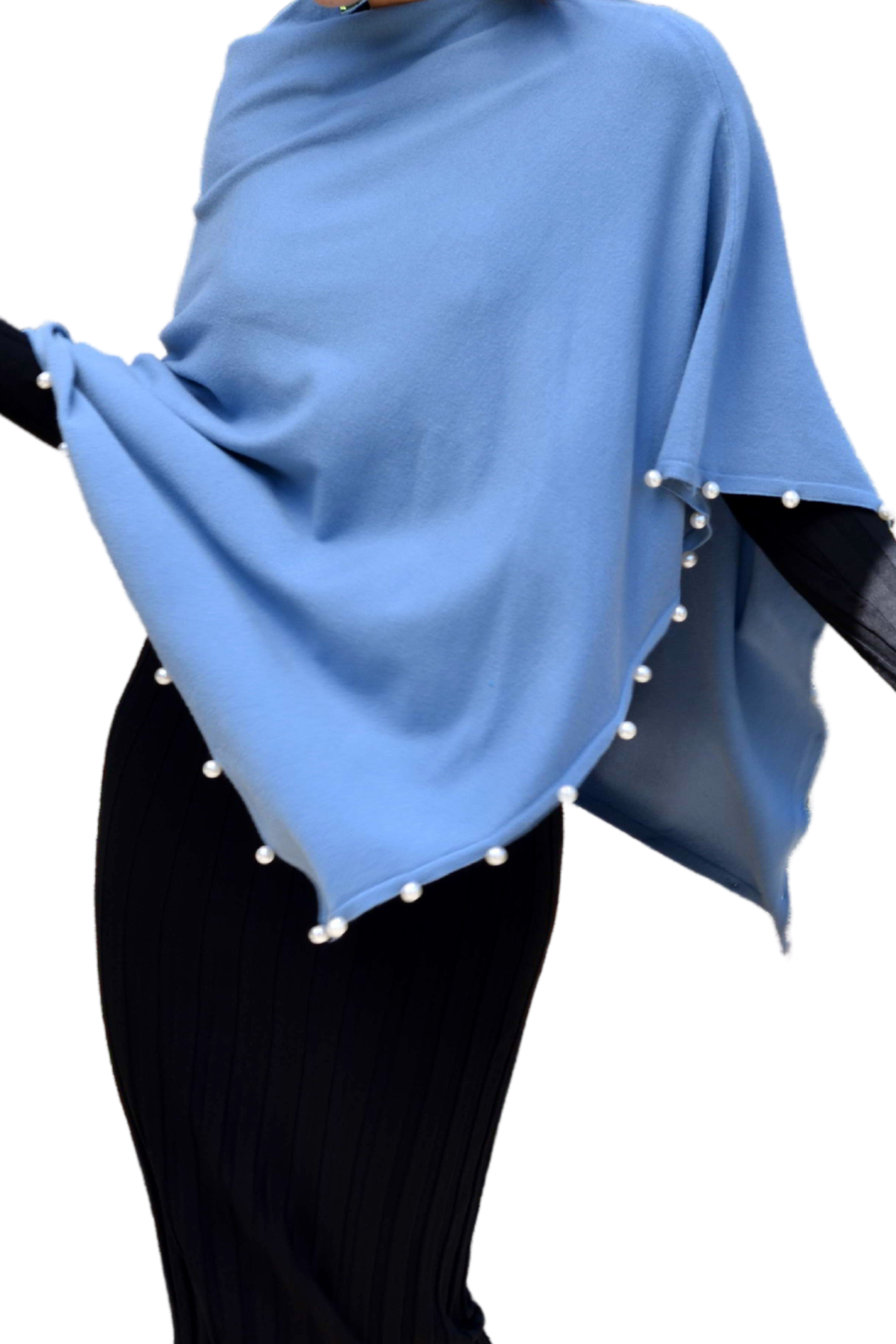 Lightweight Knitted Poncho with Pearl Trim Border - Poncho - La Fiorentina,Blue BE234_PURPLE