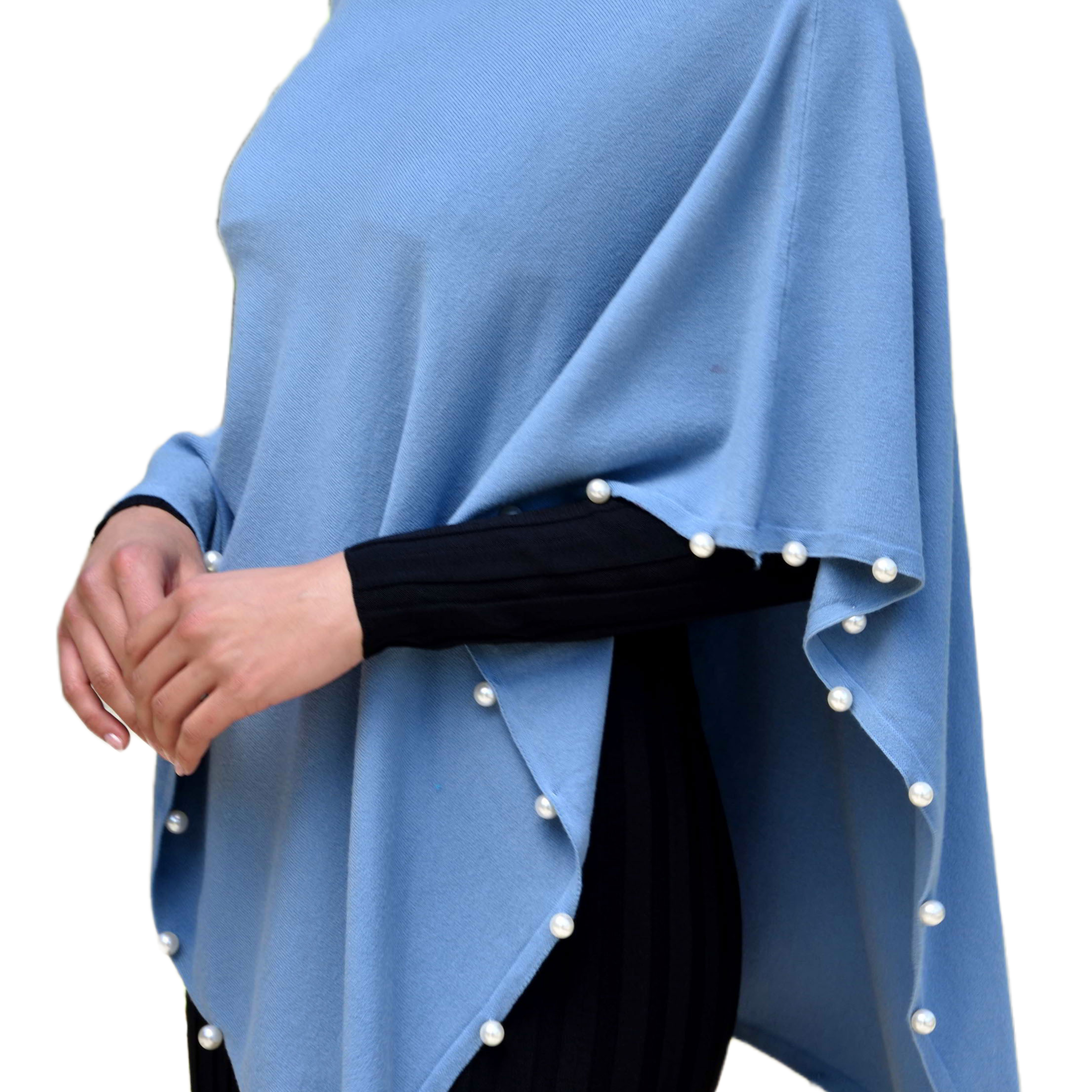 Lightweight Knitted Poncho with Pearl Trim Border - Poncho - La Fiorentina,Blue BE234_BLUE