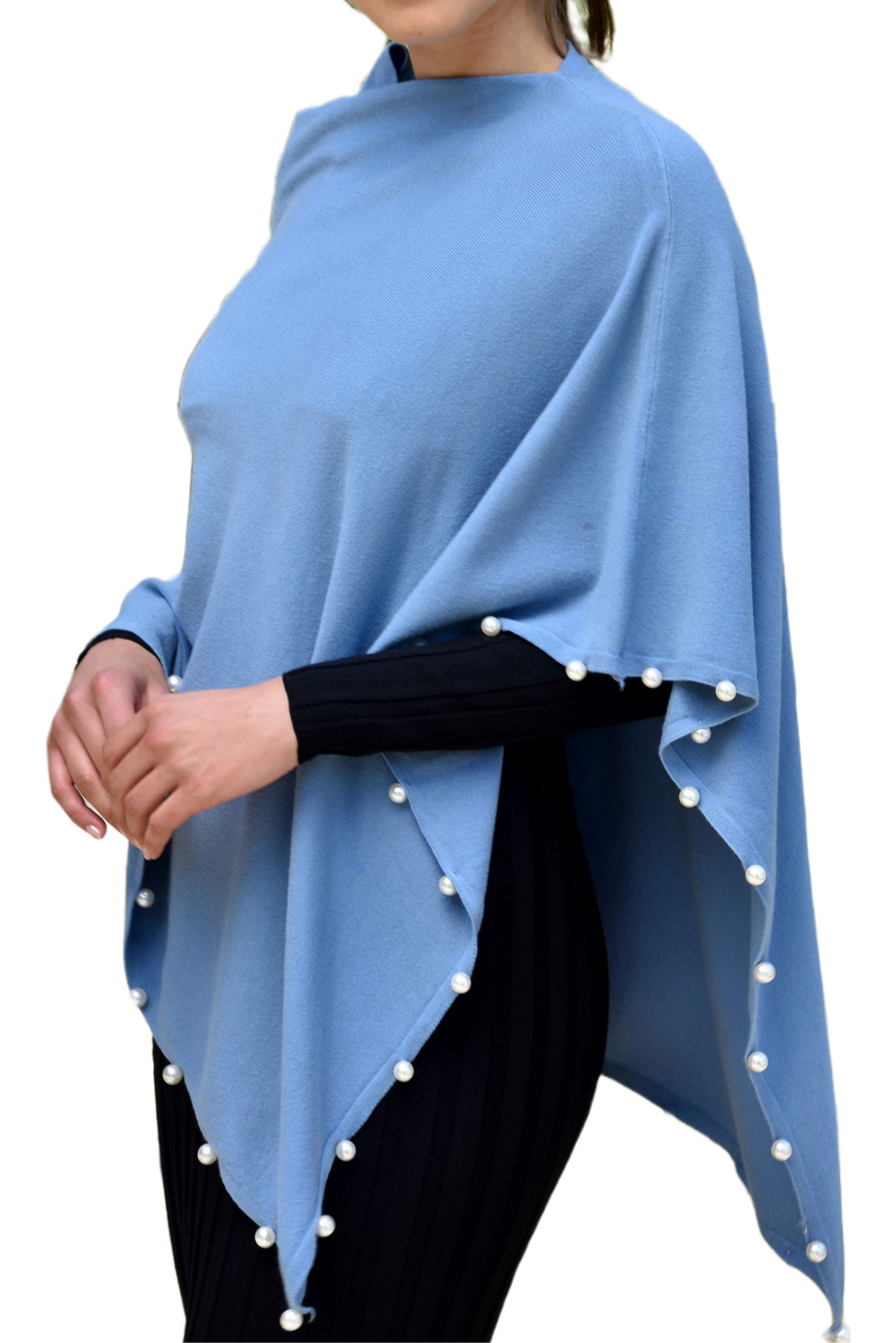Lightweight Knitted Poncho with Pearl Trim Border - Poncho - La Fiorentina,Blue BE234_BLUE