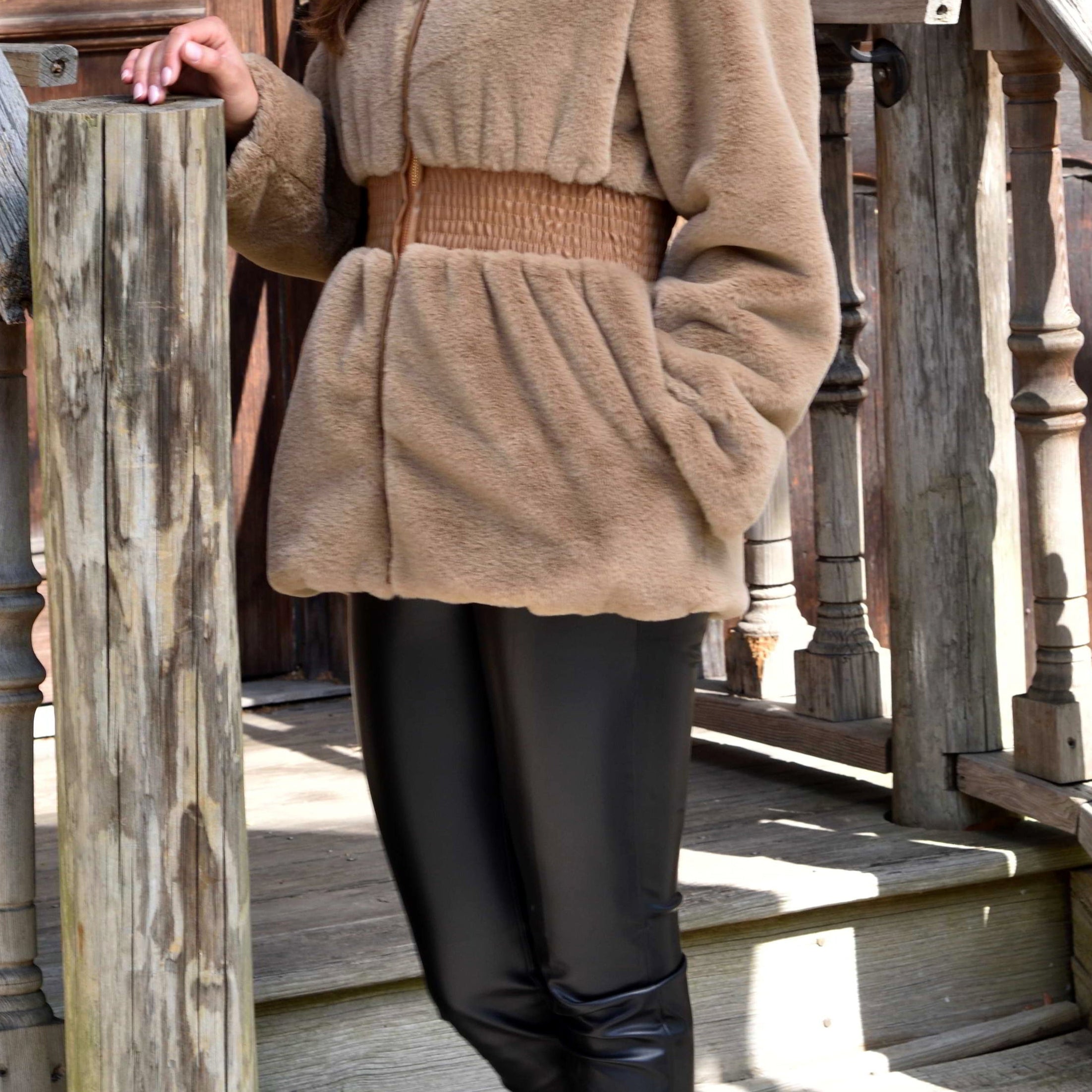 Plush Faux Fur Cinched Waist Jacket - Camel - Outerwear - La Fiorentina CAM22119-CAMEL-L