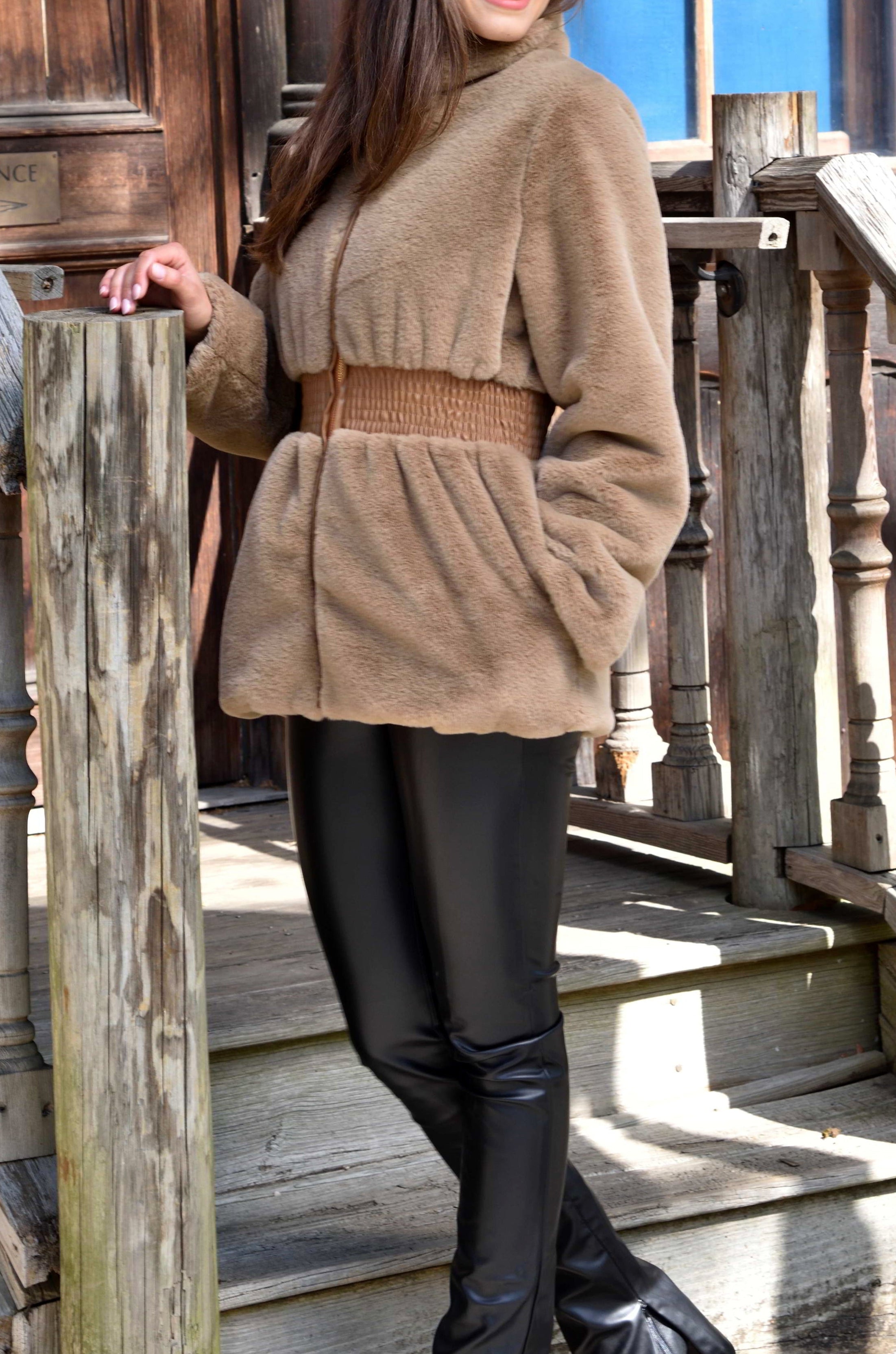 Plush Faux Fur Cinched Waist Jacket - Camel - Outerwear - La Fiorentina CAM22119-CAMEL-L