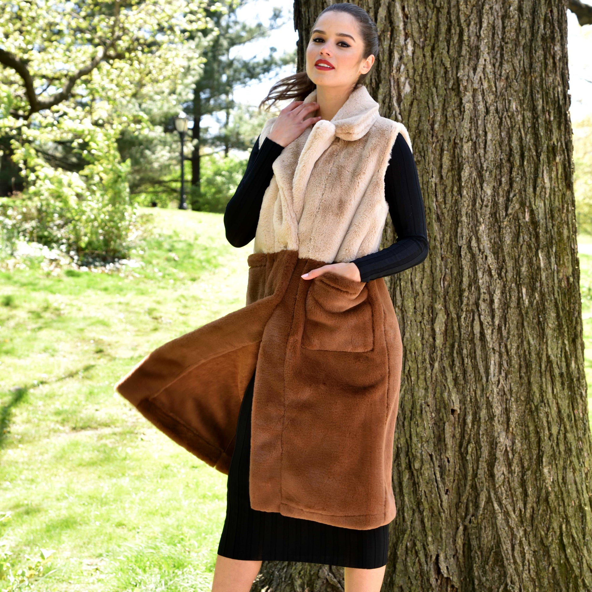 Long Faux Fur Reversible Vest - Taupe/Brown - Faux Vest - La Fiorentina VEST281-brown-SM