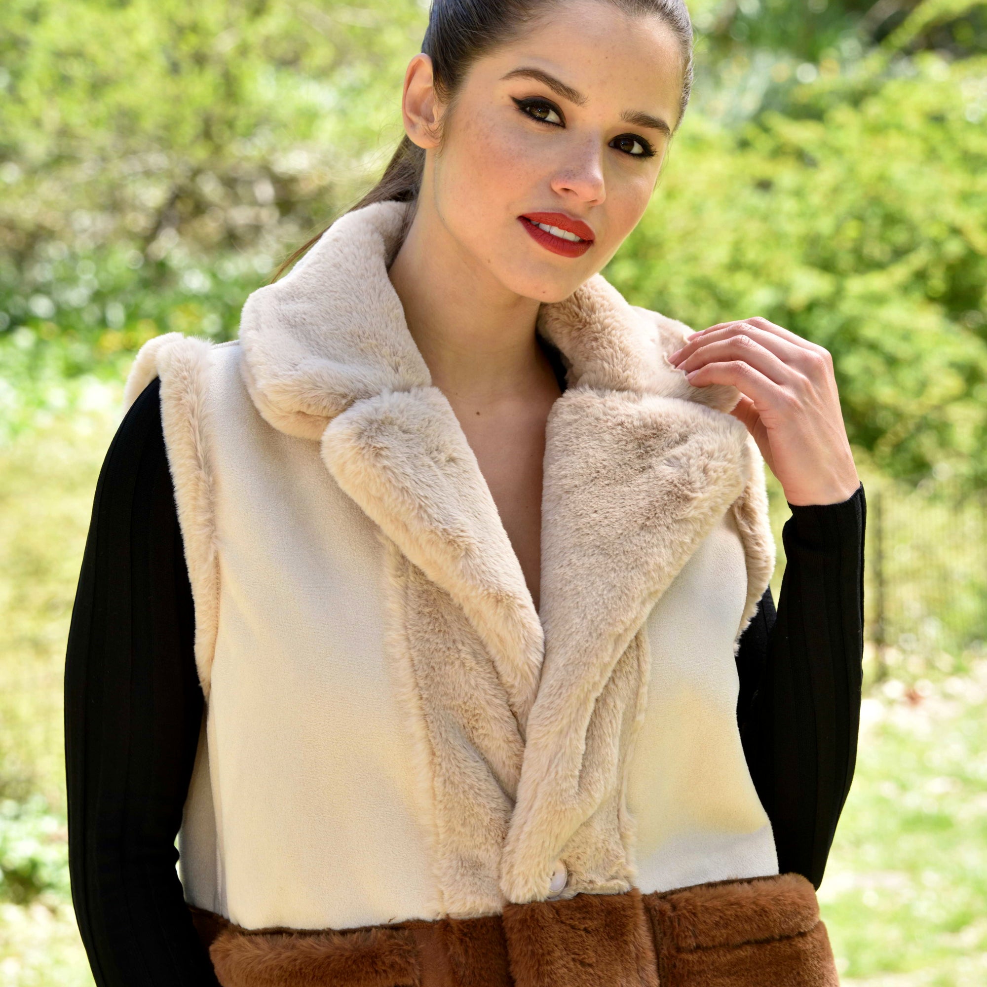 Long Faux Fur Reversible Vest - Taupe/Brown - Faux Vest - La Fiorentina VEST281-brown-ML