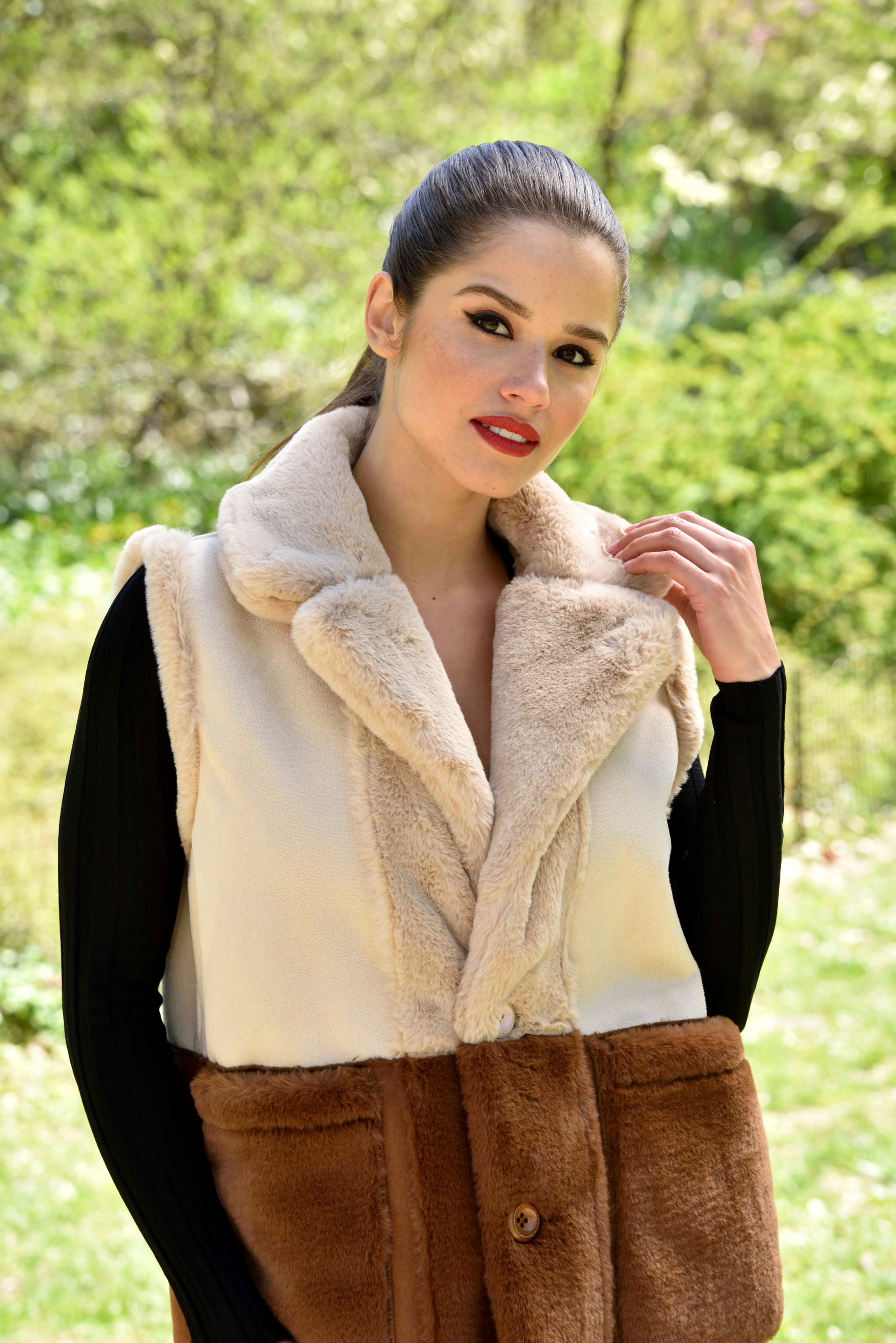 Long Faux Fur Reversible Vest - Taupe/Brown - Faux Vest - La Fiorentina VEST281-brown-ML