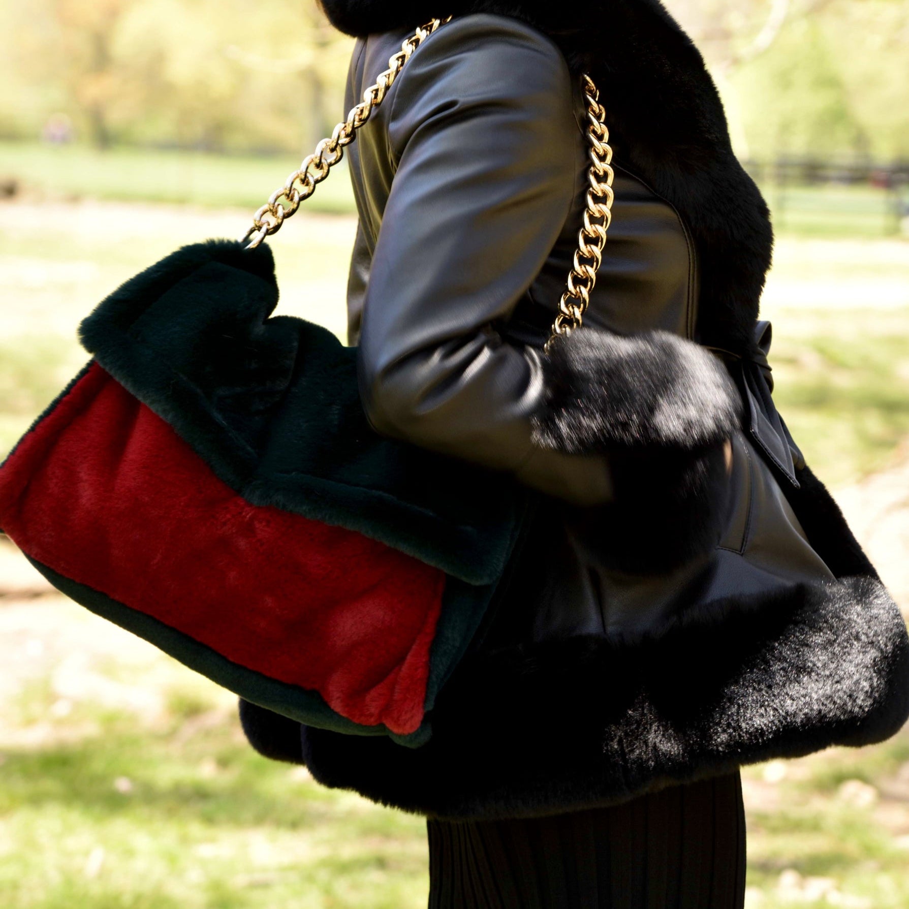 Two Tone Faux Fur Bag - Emerald/Red - Faux Fur Hand Bag - La Fiorentina HB-281-emred