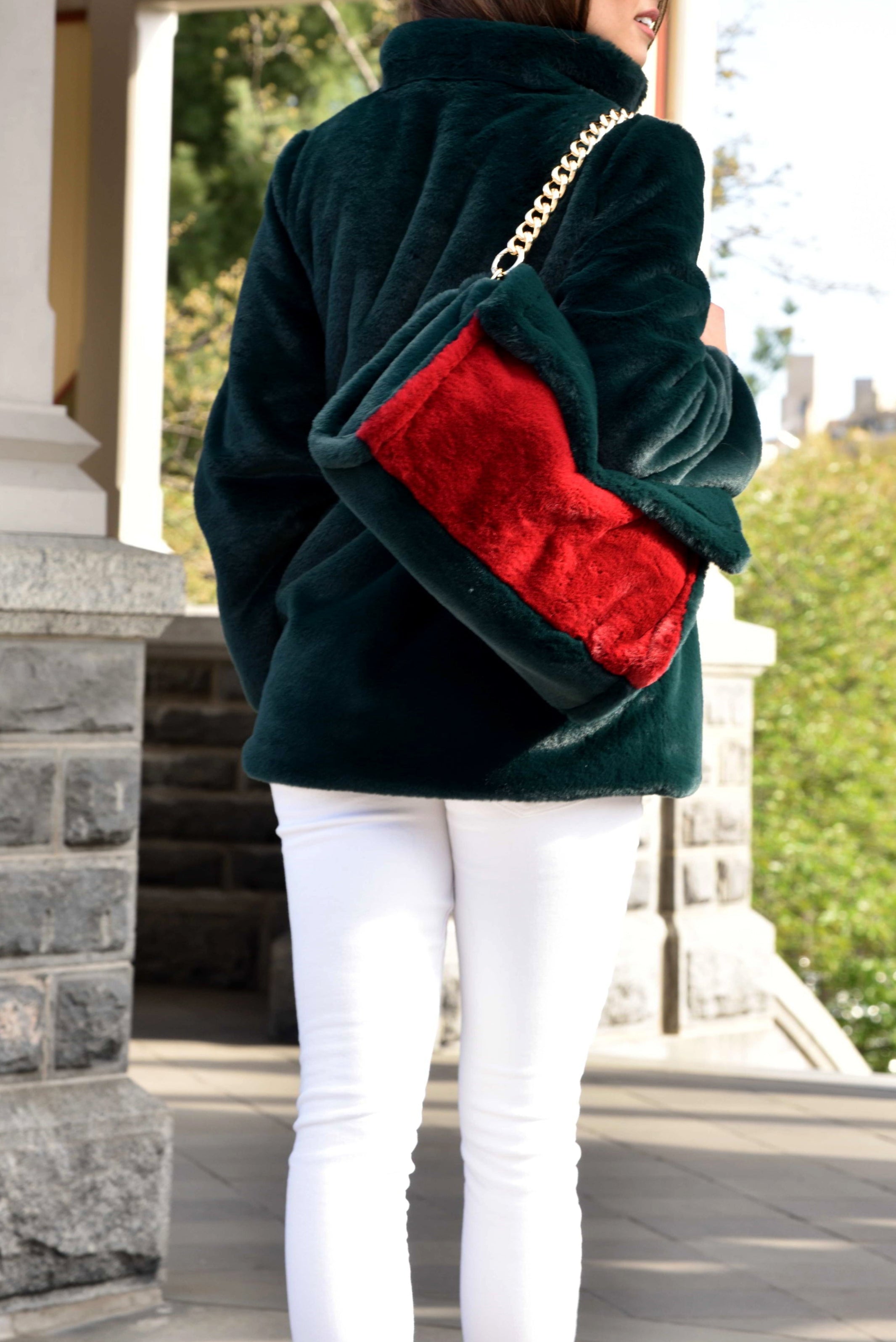 Plush Faux Fur Cinched Waist Jacket - Green - Outerwear - La Fiorentina CAM22119-GREEN-XL