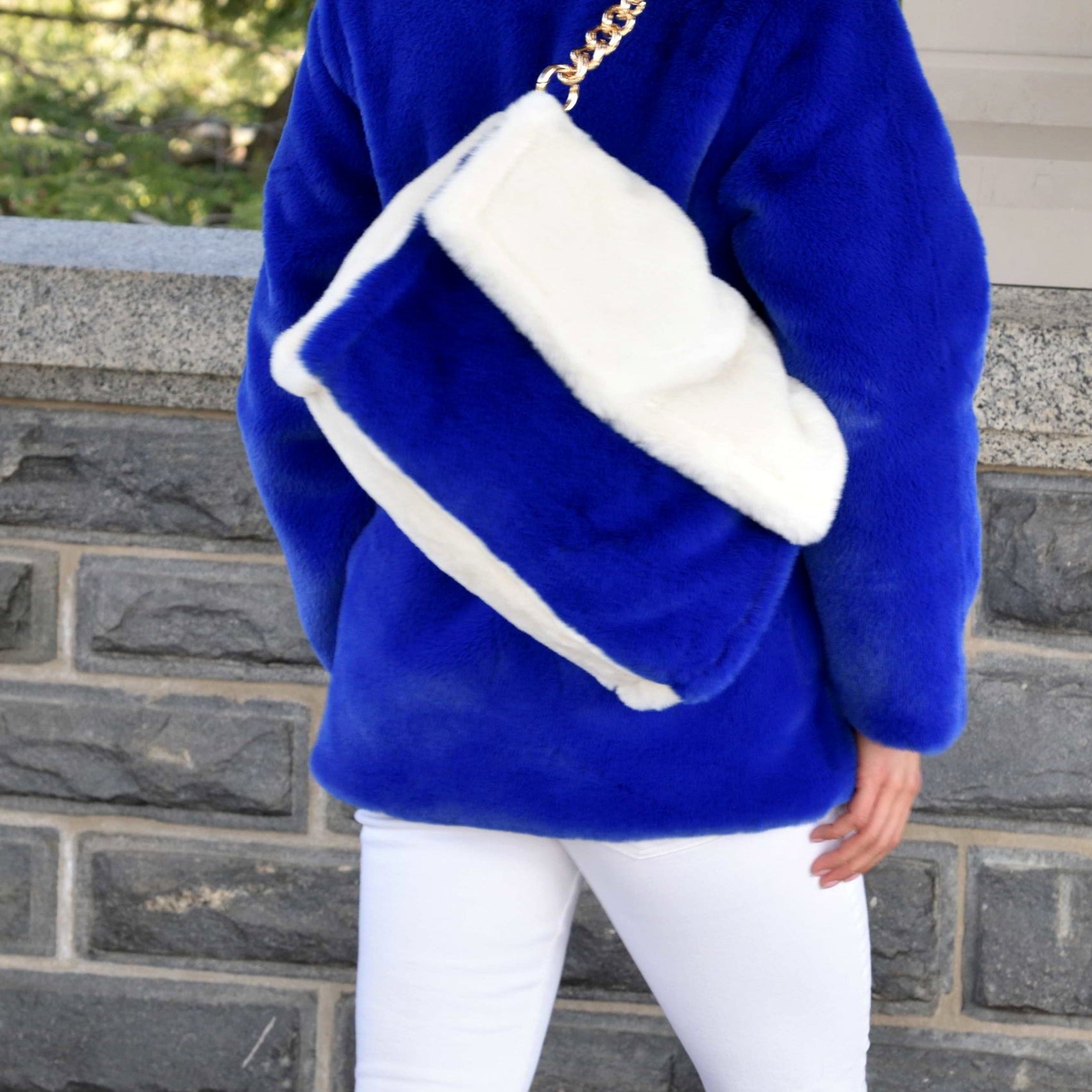 Two Tone Faux Fur Bag - White/Royal Blue - Faux Fur Hand Bag - La Fiorentina HB-281-whtblu
