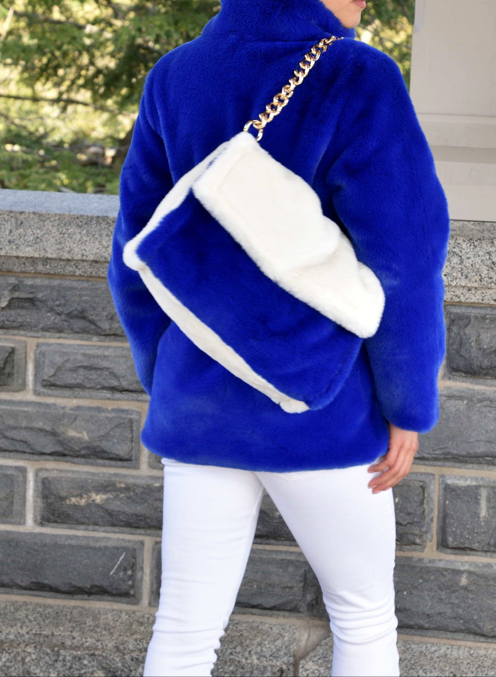 Two Tone Faux Fur Bag - White/Royal Blue - Faux Fur Hand Bag - La Fiorentina HB-281-whtblu