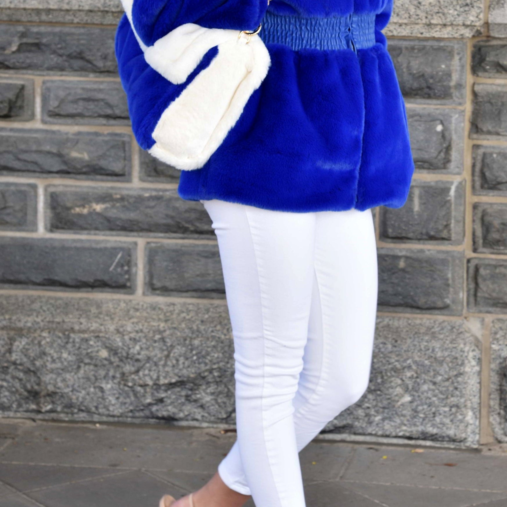 Plush Faux Fur Cinched Waist Jacket - Electric Blue - Outerwear - La Fiorentina CAM22119-BLUE-L