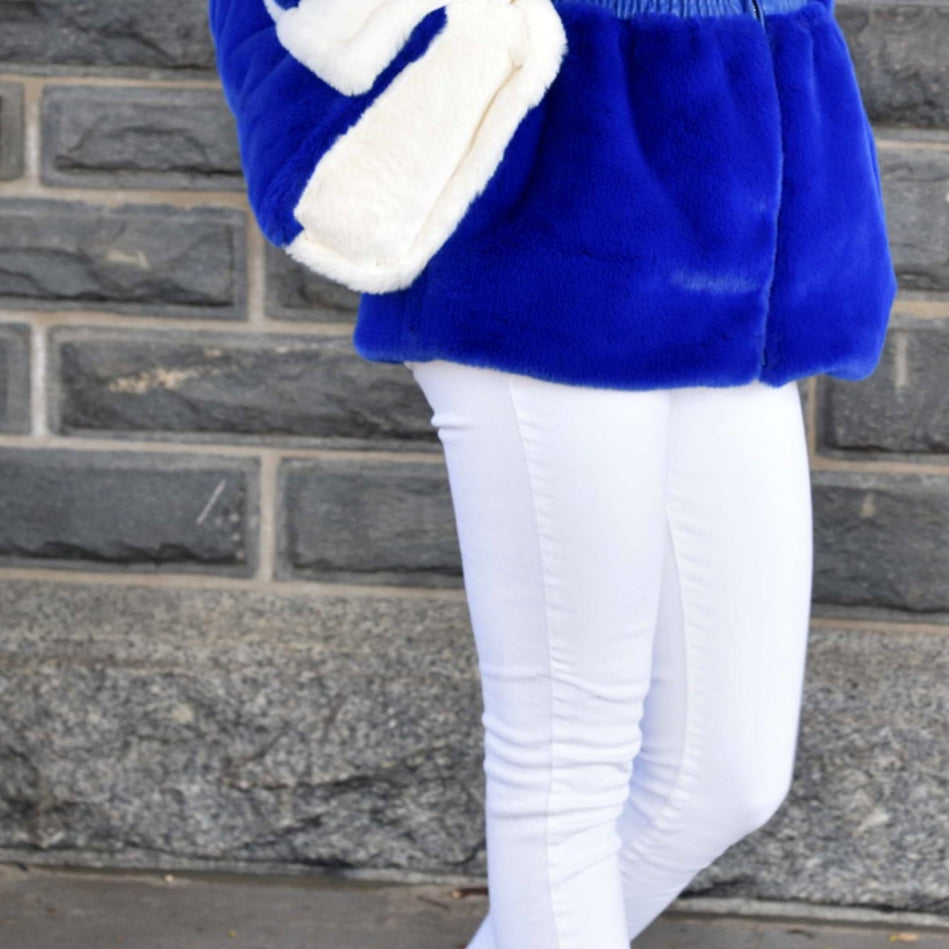 Two Tone Faux Fur Bag - White/Royal Blue - Faux Fur Hand Bag - La Fiorentina HB-281-whtblu