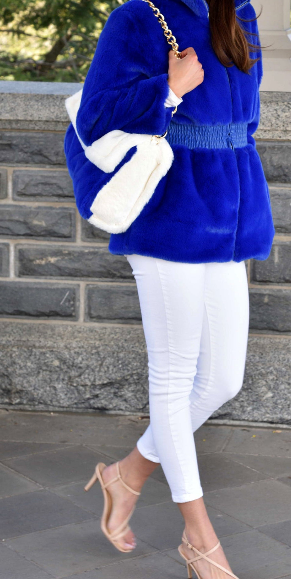 Two Tone Faux Fur Bag - White/Royal Blue - Faux Fur Hand Bag - La Fiorentina HB-281-whtblu