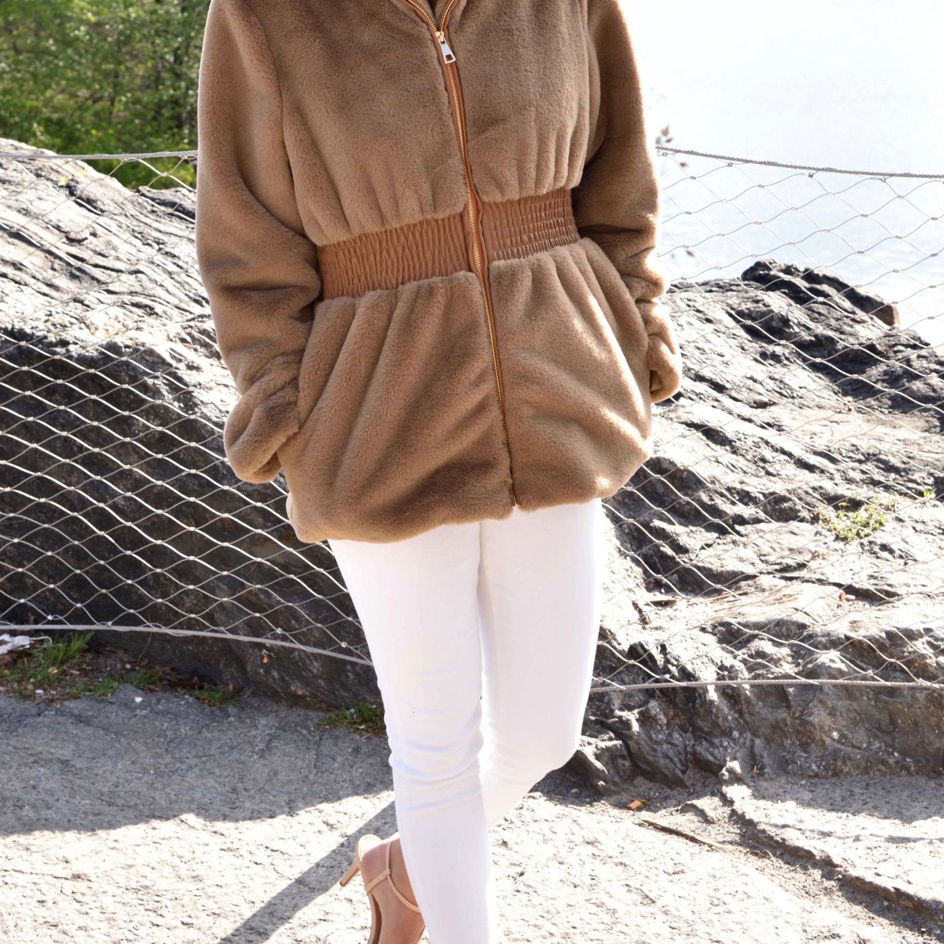 Plush Faux Fur Cinched Waist Jacket - Camel - Outerwear - La Fiorentina CAM22119-CAMEL-M