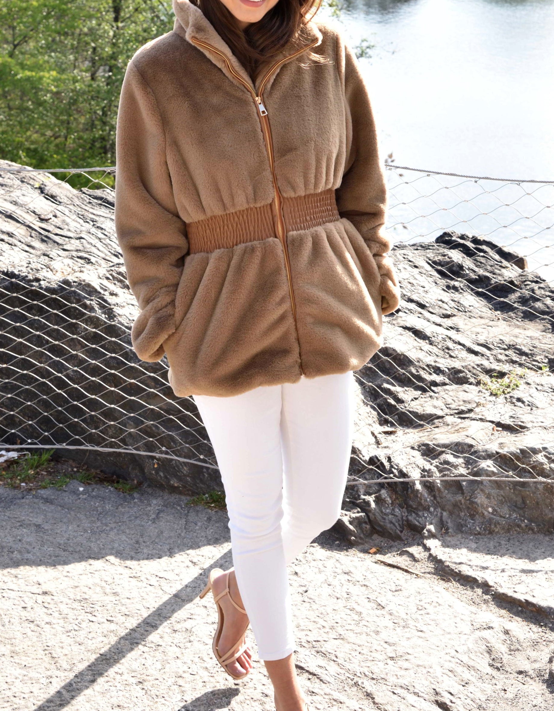 Plush Faux Fur Cinched Waist Jacket - Camel - Outerwear - La Fiorentina CAM22119-CAMEL-M