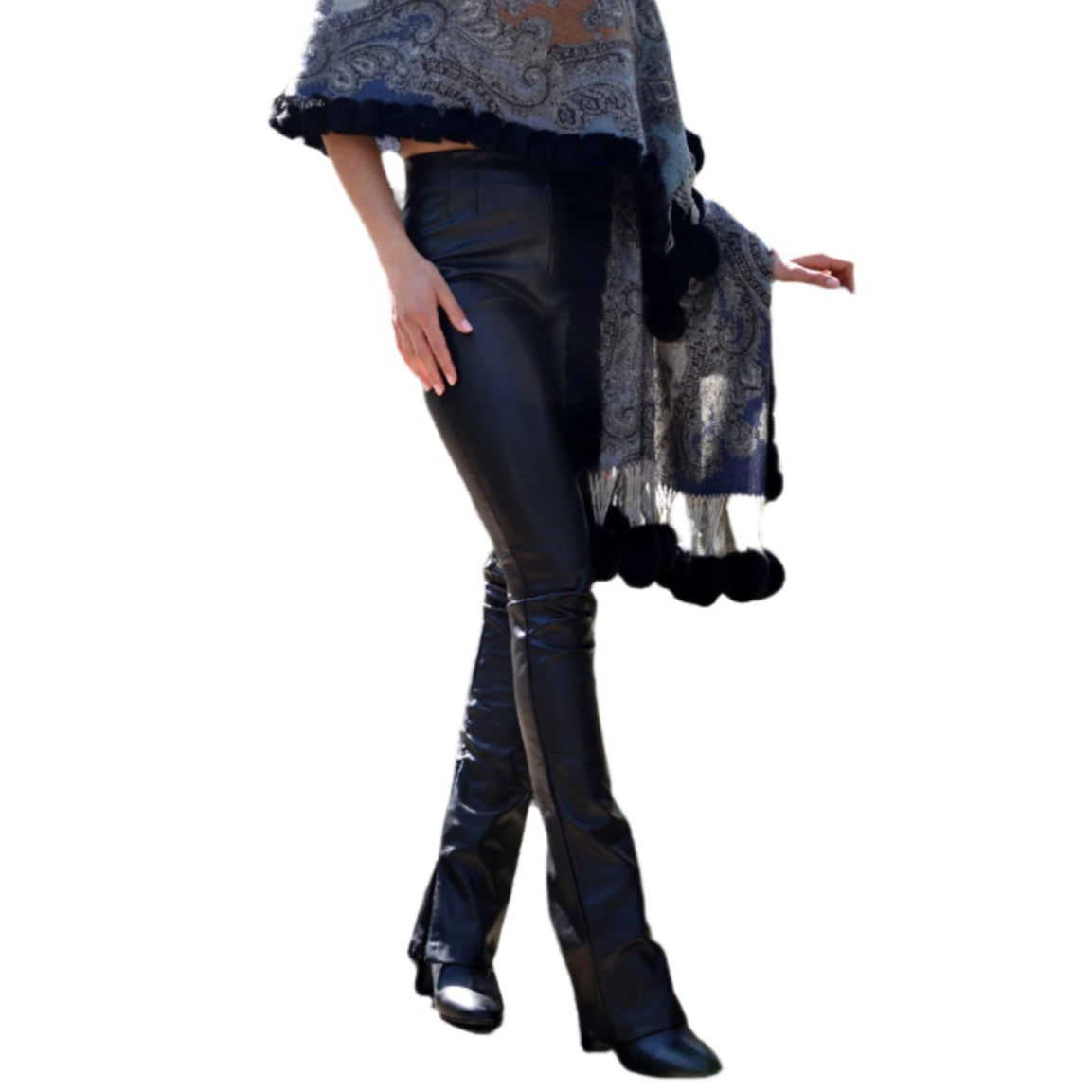 La Fiorentina | Wool Wrap with Fur Pom - Grey/Blue - Fur Wrap - La Fiorentina WOOL804-Grey/Blue