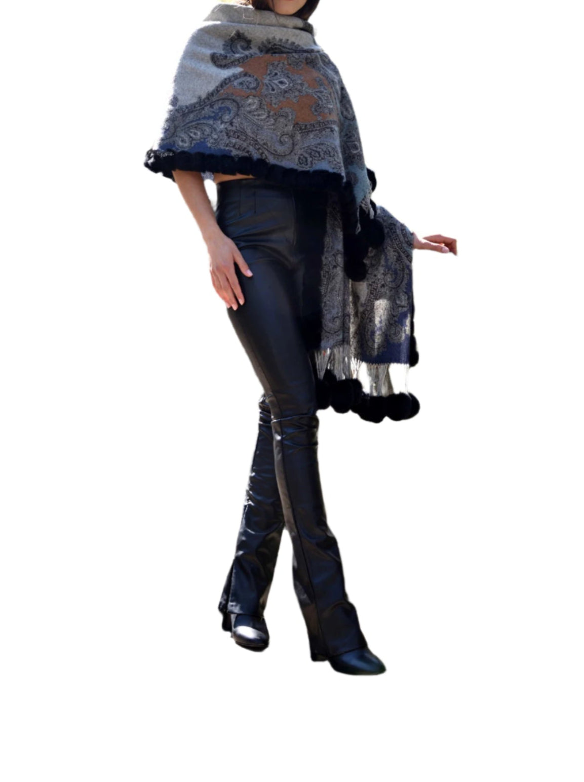 La Fiorentina | Wool Wrap with Fur Pom - Grey/Blue - Fur Wrap - La Fiorentina WOOL804-Grey/Blue