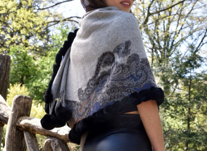 La Fiorentina | Wool Wrap with Fur Pom - Grey/Blue - Fur Wrap - La Fiorentina WOOL804-Grey/Blue