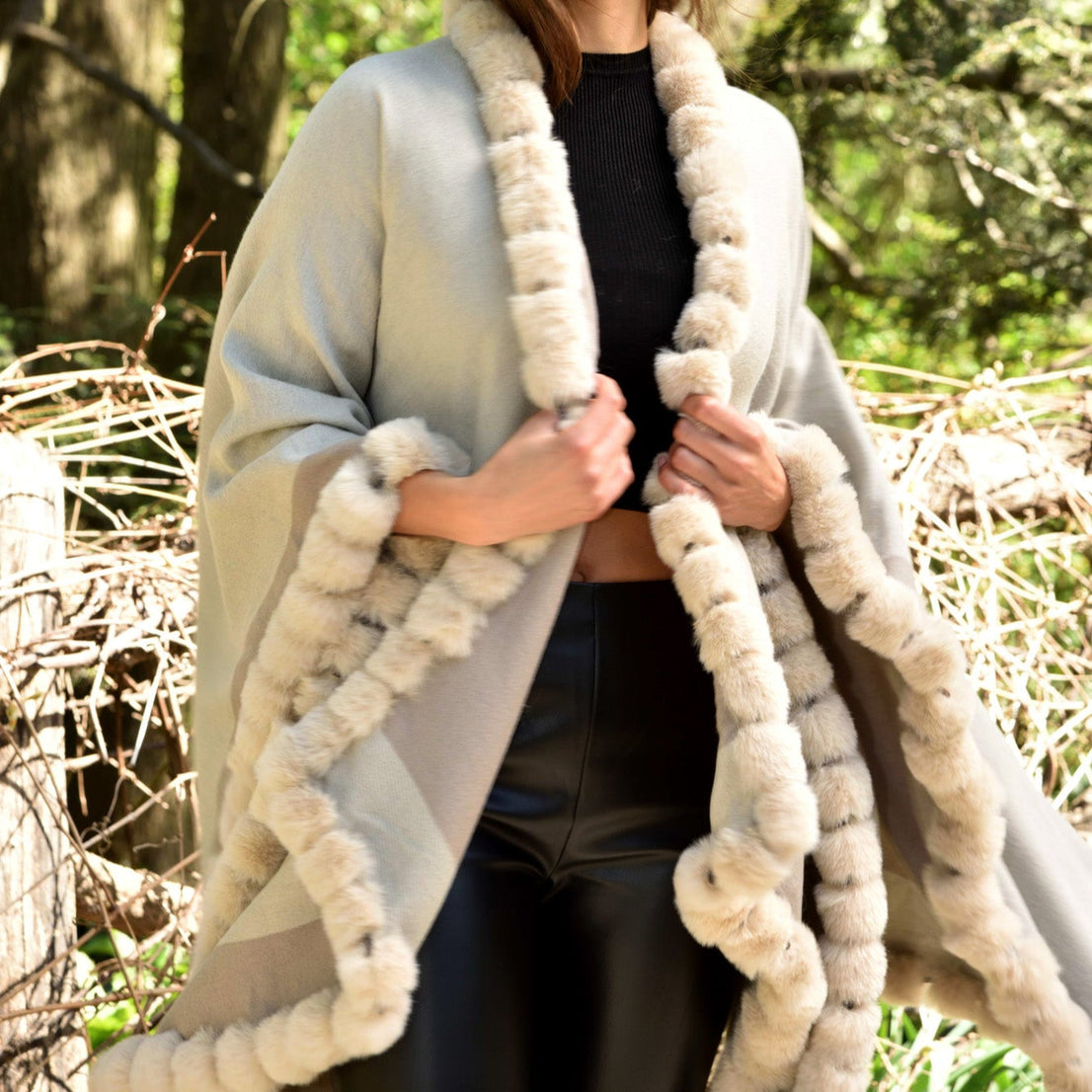 Houndstooth Cape/Wrap with Faux Trim - Beige/Taupe - Faux Fur Wrap - La Fiorentina Faux33-2201_beigetaupe