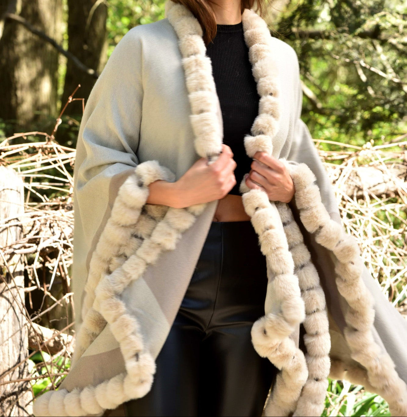 Houndstooth Cape/Wrap with Faux Trim - Beige/Taupe - Faux Fur Wrap - La Fiorentina Faux33-2201_beigetaupe
