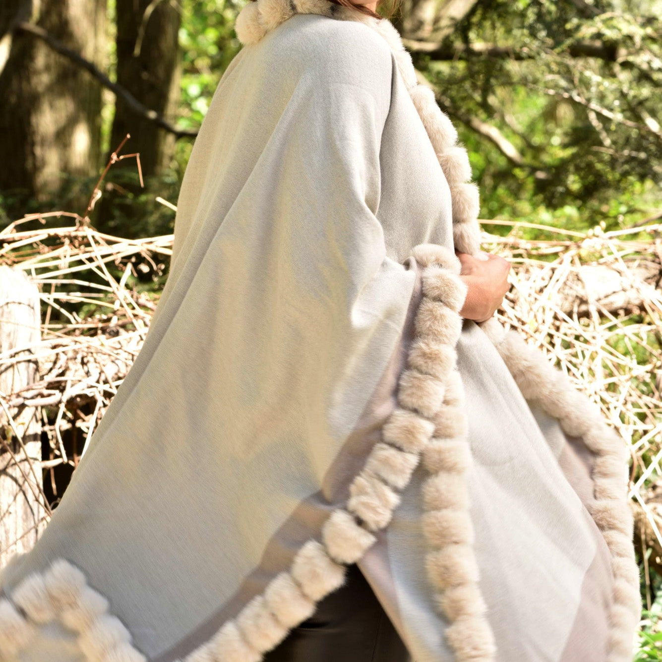 Houndstooth Cape/Wrap with Faux Trim - Beige/Taupe - Faux Fur Wrap - La Fiorentina Faux33-2201_beigetaupe