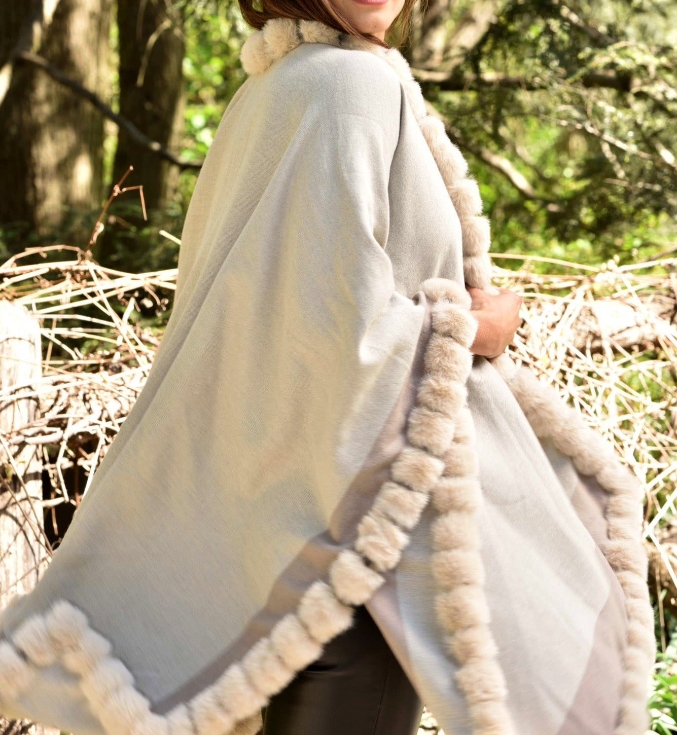 Houndstooth Cape/Wrap with Faux Trim - Beige/Taupe - Faux Fur Wrap - La Fiorentina Faux33-2201_beigetaupe