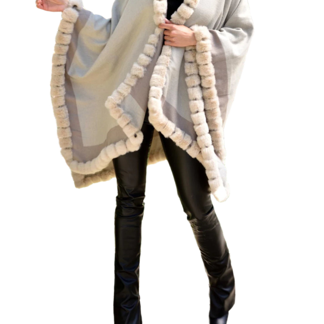 Houndstooth Cape/Wrap with Faux Trim - Beige/Taupe - Faux Fur Wrap - La Fiorentina Faux33-2201_beigetaupe
