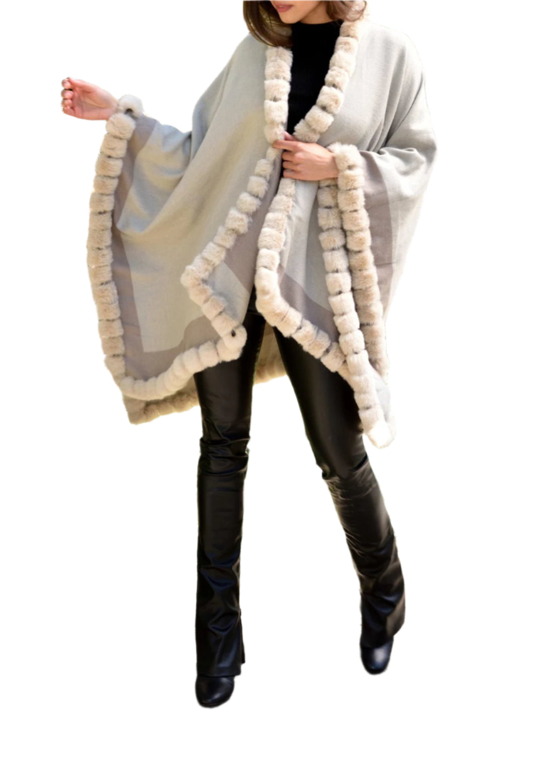 Houndstooth Cape/Wrap with Faux Trim - Beige/Taupe - Faux Fur Wrap - La Fiorentina Faux33-2201_beigetaupe