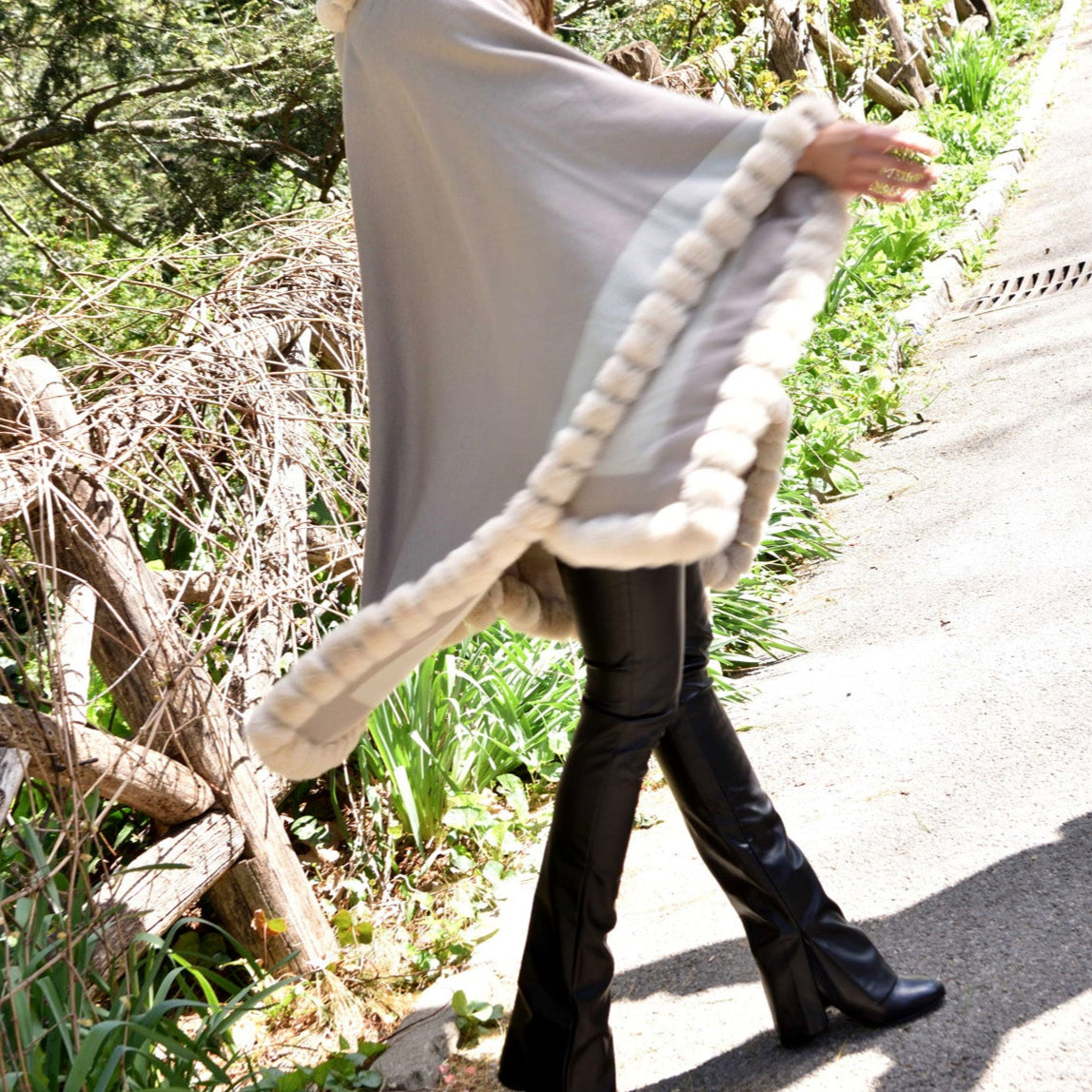 Houndstooth Cape/Wrap with Faux Trim - Beige/Taupe - Faux Fur Wrap - La Fiorentina Faux33-2201_beigetaupe