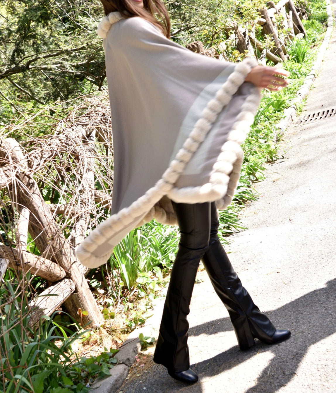 Houndstooth Cape/Wrap with Faux Trim - Beige/Taupe - Faux Fur Wrap - La Fiorentina Faux33-2201_beigetaupe