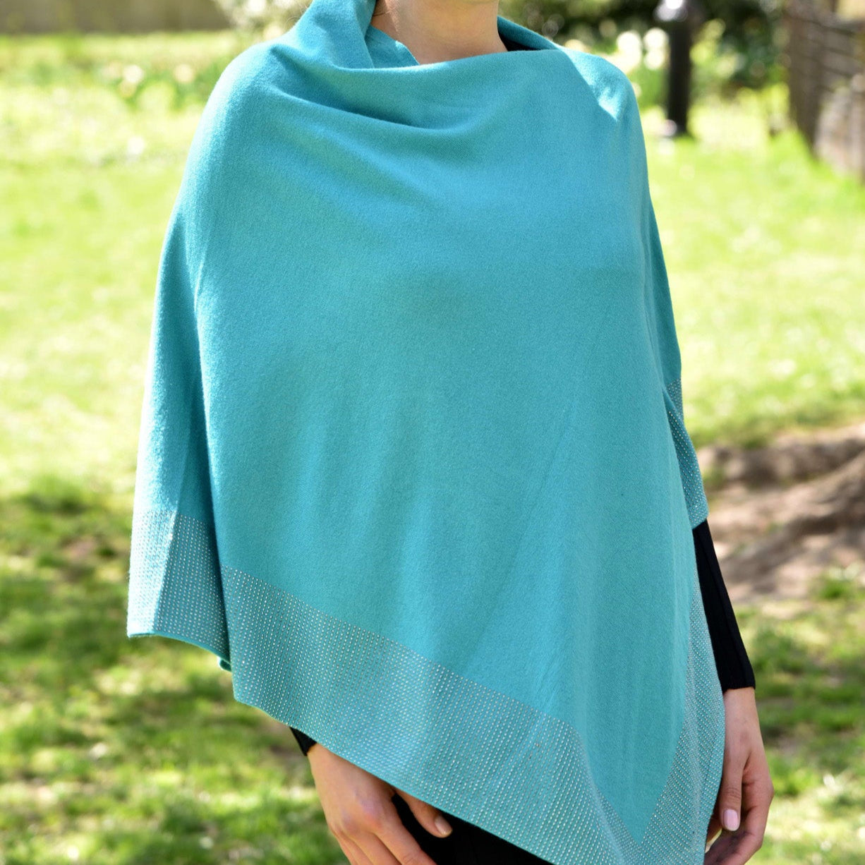 Lightweight Knitted Poncho with Embellished Border - Multiple Colors - Poncho - La Fiorentina,Teal BE805_TEAL