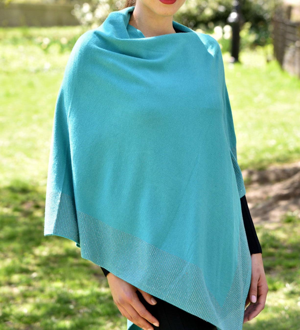 Lightweight Knitted Poncho with Embellished Border - Multiple Colors - Poncho - La Fiorentina,Teal BE805_TEAL