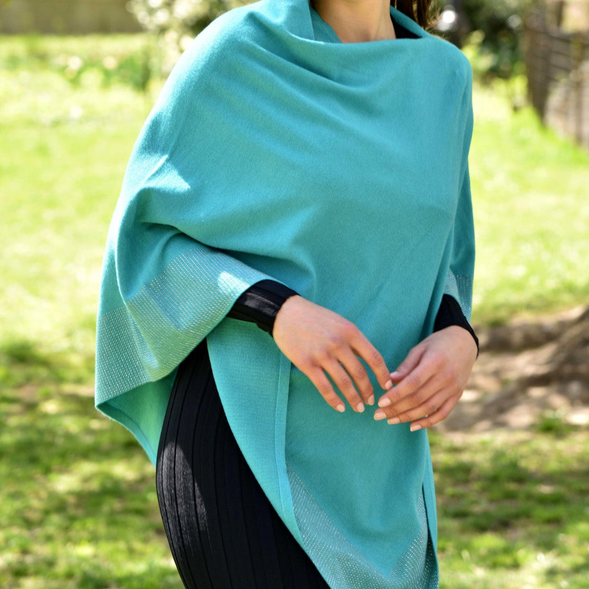 Lightweight Knitted Poncho with Embellished Border - Multiple Colors - Poncho - La Fiorentina,Teal BE805_TEAL