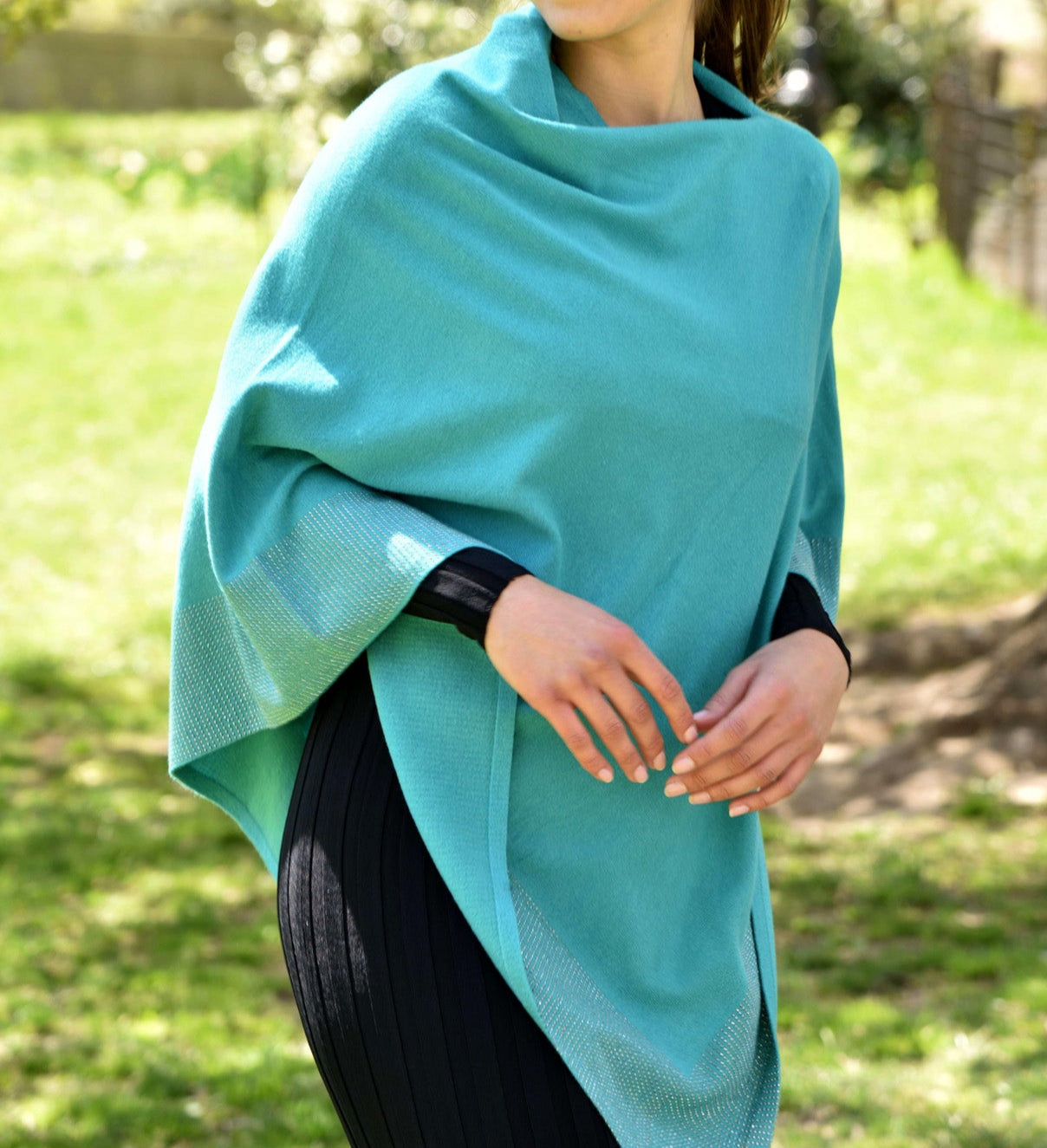 Lightweight Knitted Poncho with Embellished Border - Multiple Colors - Poncho - La Fiorentina,Teal BE805_TEAL