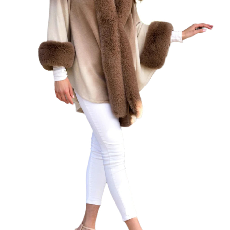 La Fiorentina Ombre Cape with Faux Trim - Camel - Wrap - La Fiorentina FAUX2219_CAMEL
