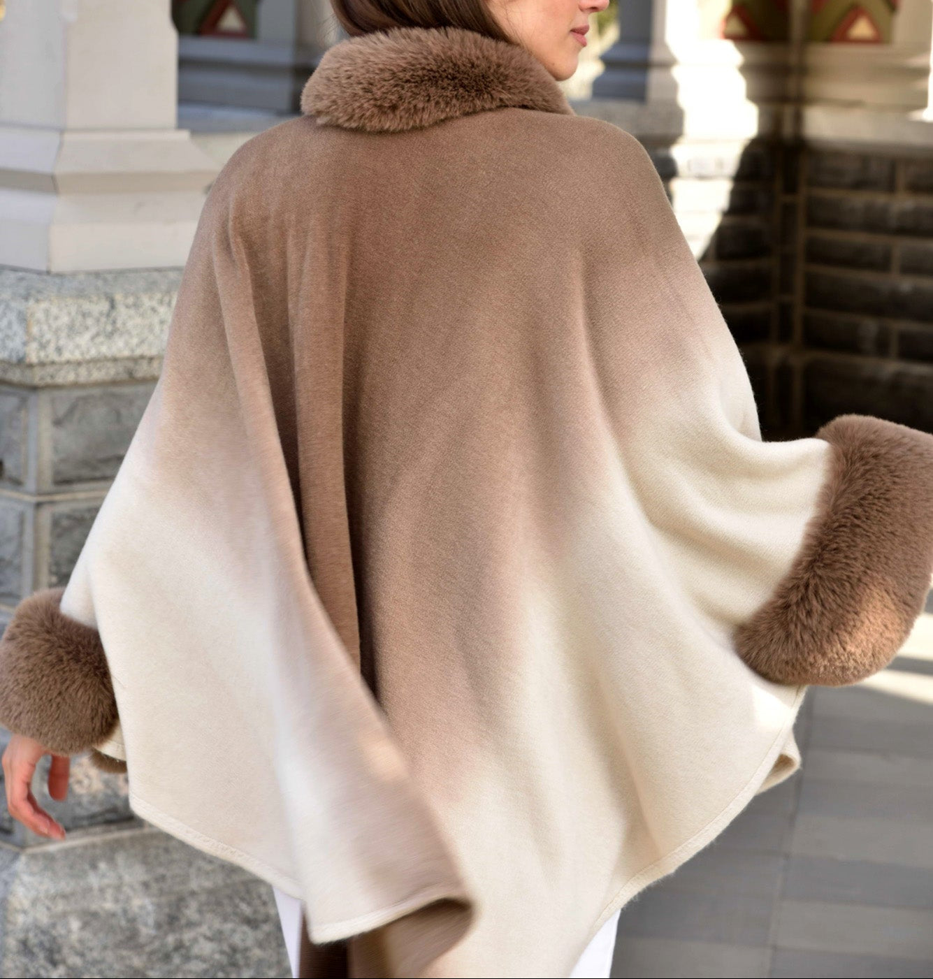La Fiorentina Ombre Cape with Faux Trim - Camel