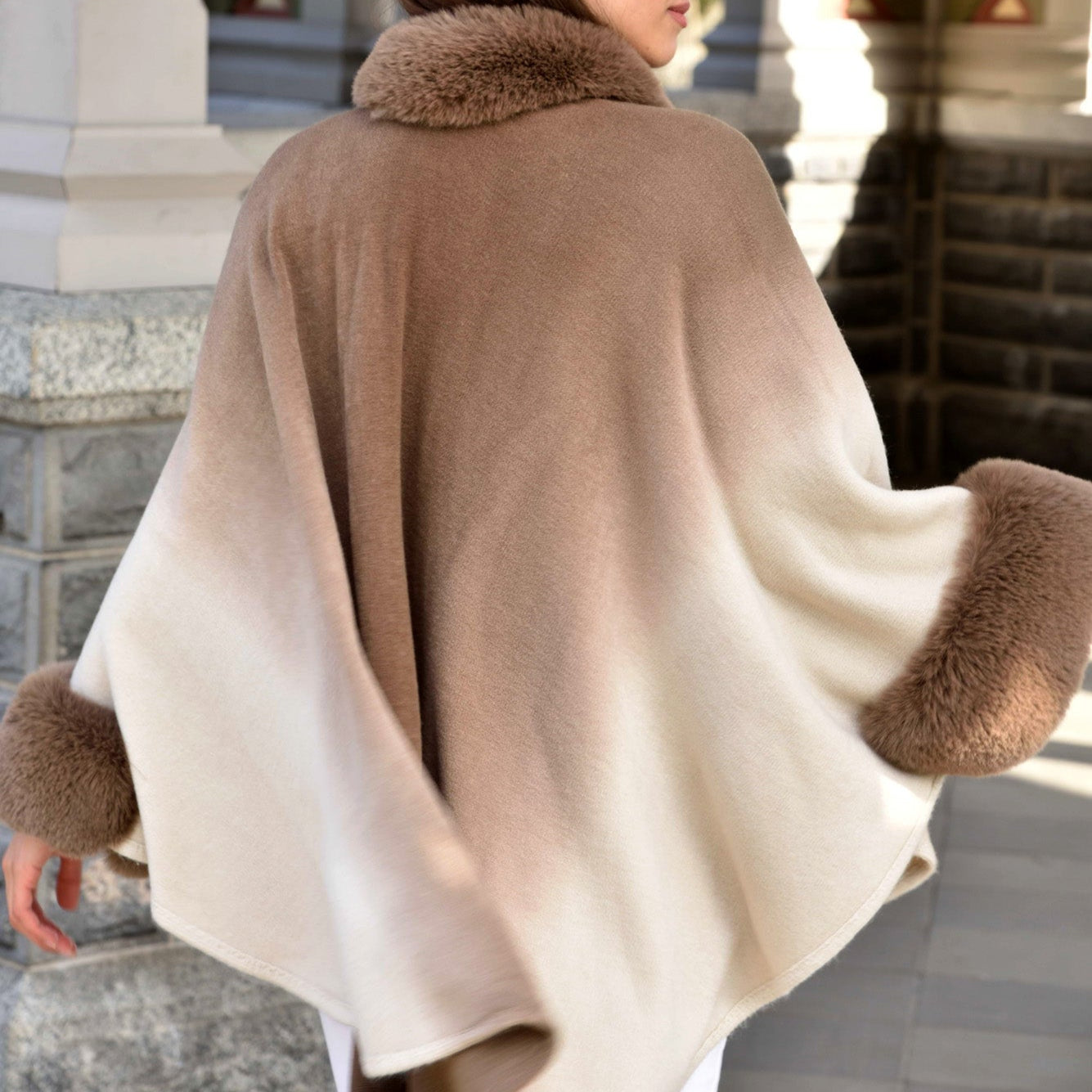 La Fiorentina Ombre Cape with Faux Trim - Camel - Wrap - La Fiorentina FAUX2219_CAMEL