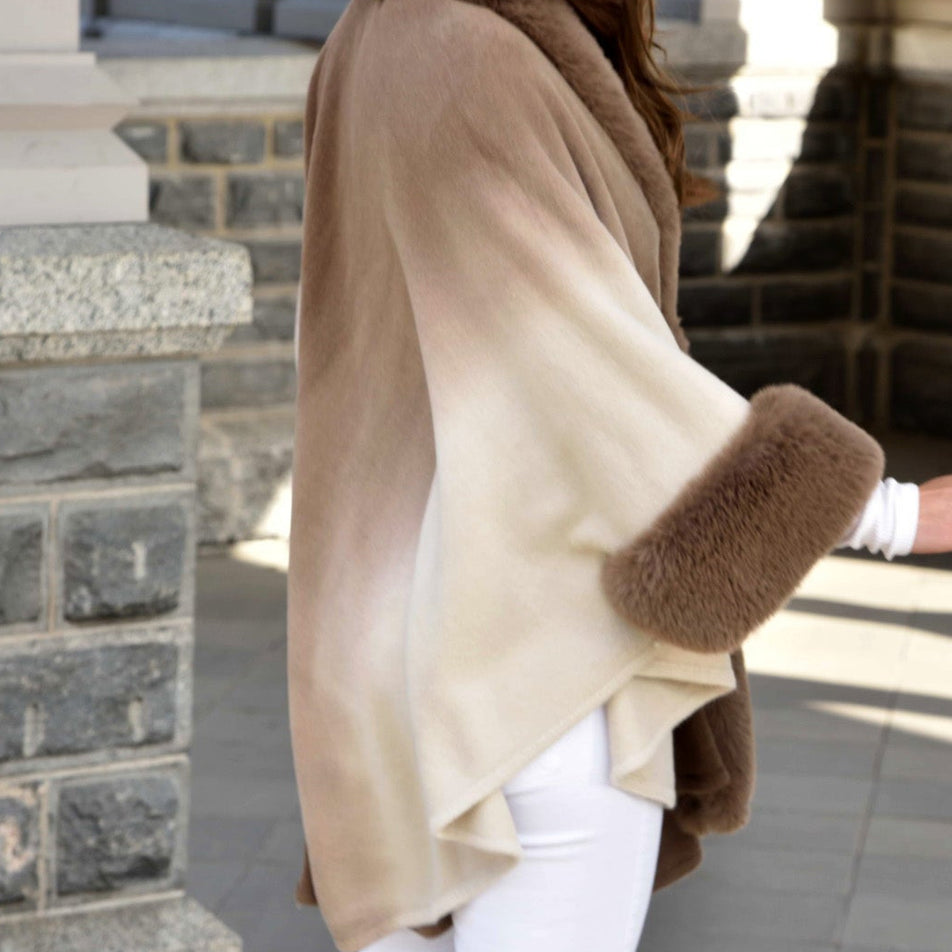 La Fiorentina Ombre Cape with Faux Trim - Camel - Wrap - La Fiorentina FAUX2219_CAMEL