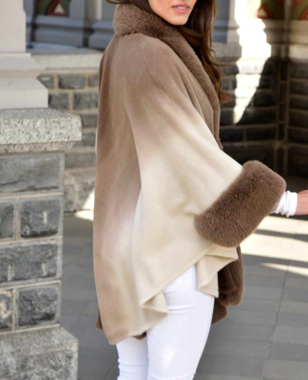 La Fiorentina Ombre Cape with Faux Trim - Camel - Wrap - La Fiorentina FAUX2219_CAMEL