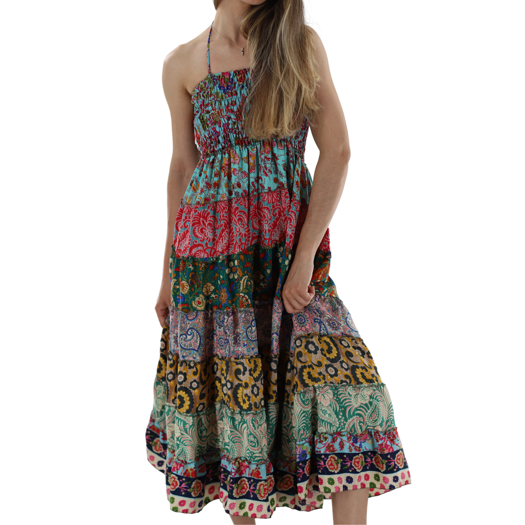 Flowy Mid Length 'Bianca' Dress with Scrunched Top - Dresses - La Fiorentina, Turquoise PW-05-S-TURQ