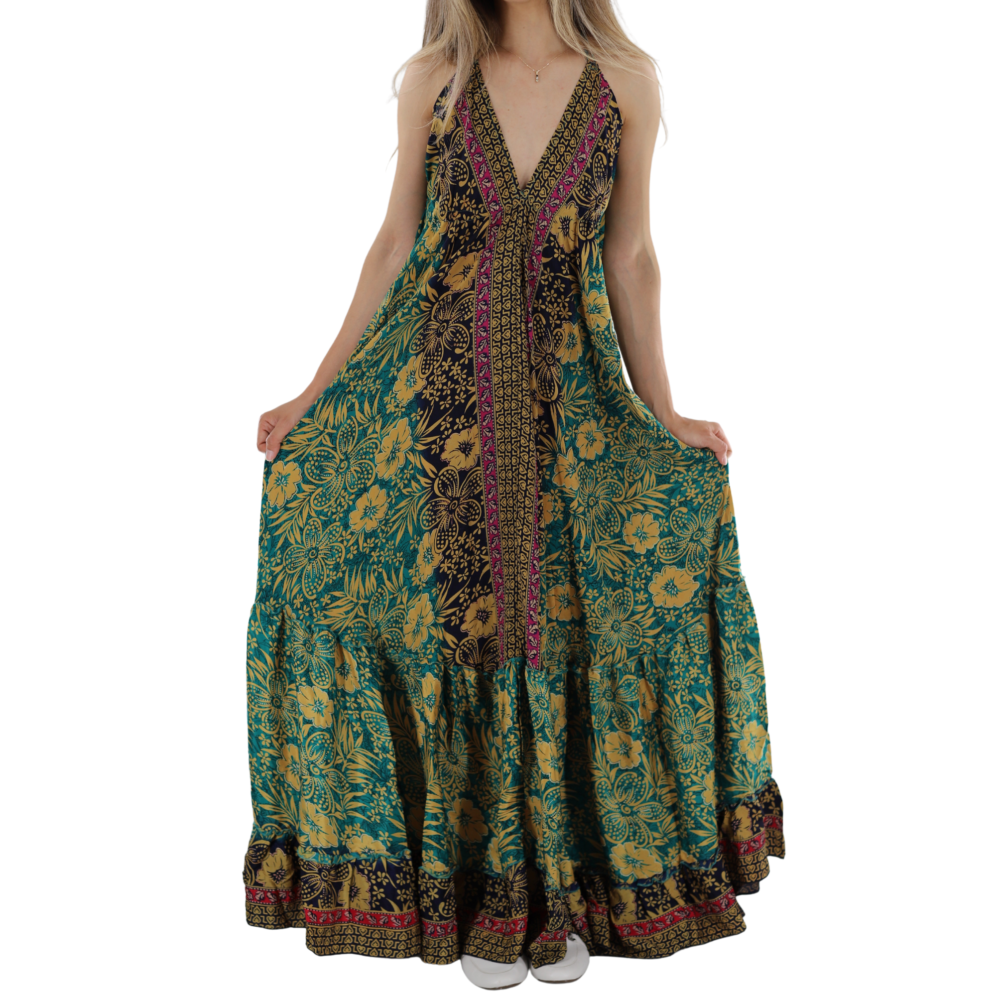 Floral 'Caterina' Maxi Dress with V-Neckline - Dresses - La Fiorentina 396-CATERINA-L