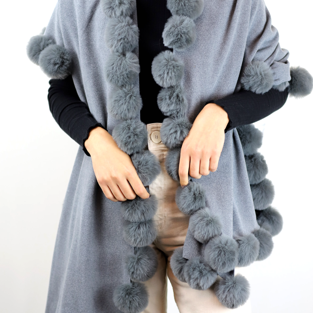 La Fiorentina Wrap /w Faux Pom-Pom Detail - Grey - Faux Fur Wrap - La Fiorentina FAUX2110-grey